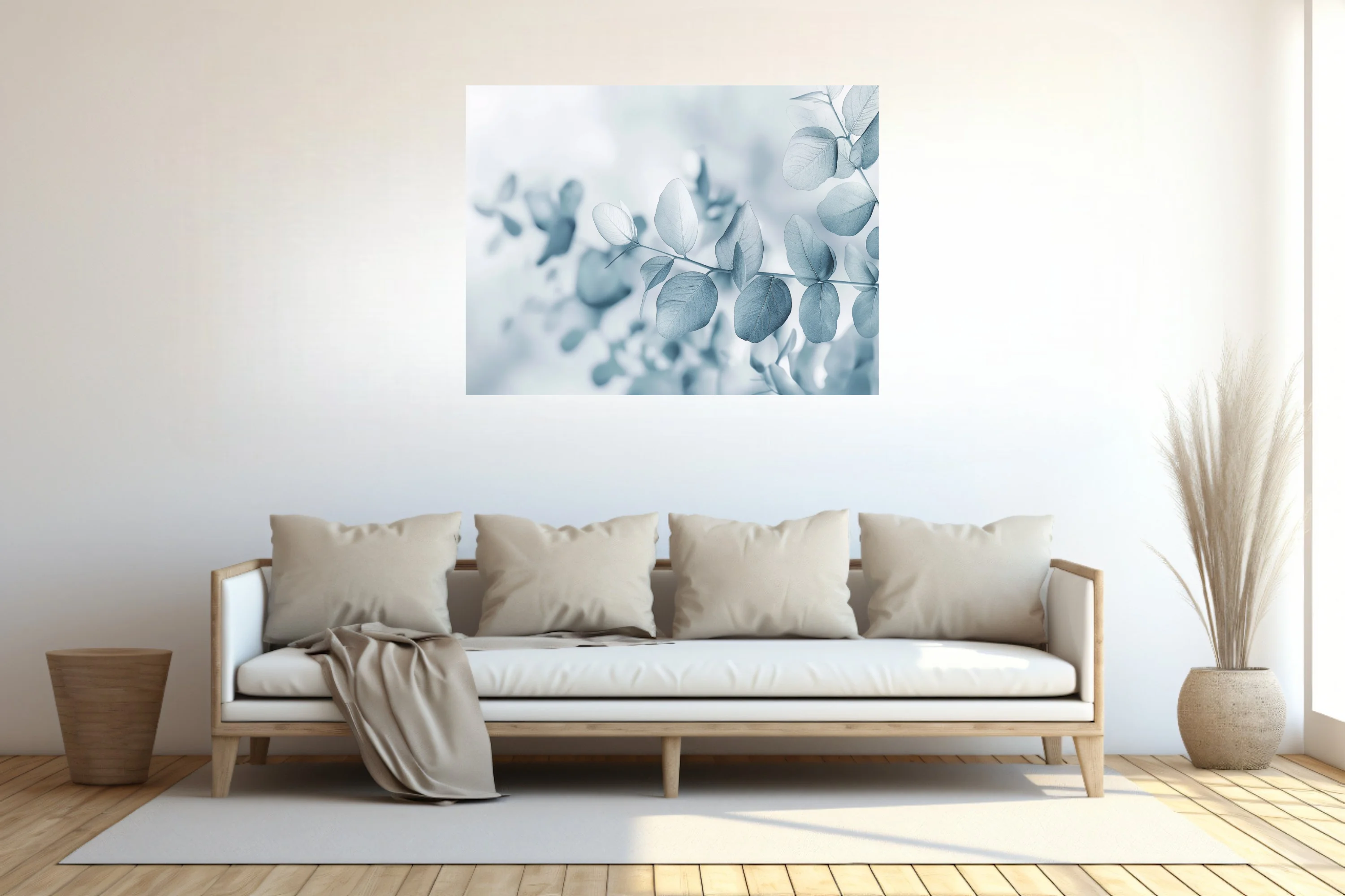 Minimalist eucalyptus botanical print in cool blue-grey tones with soft dreamy focus