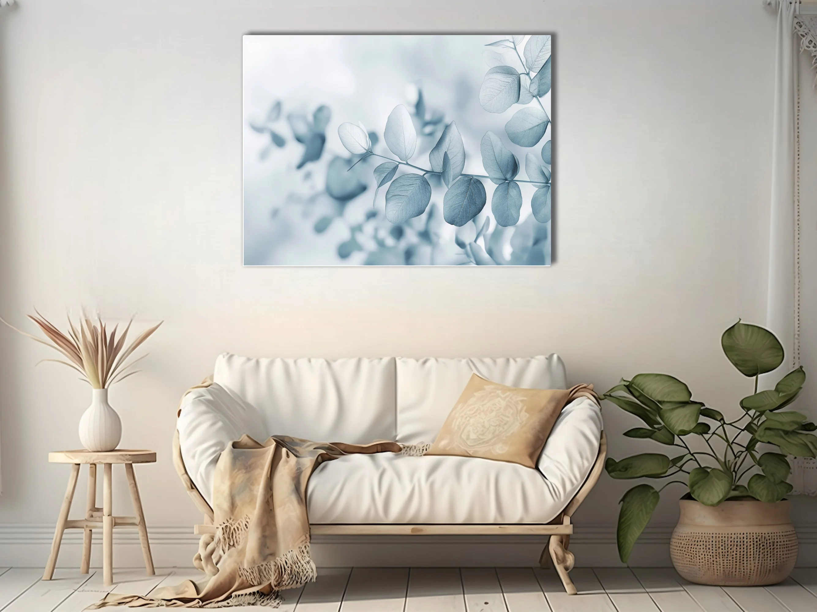 Minimalist eucalyptus botanical print in cool blue-grey tones with soft dreamy focus