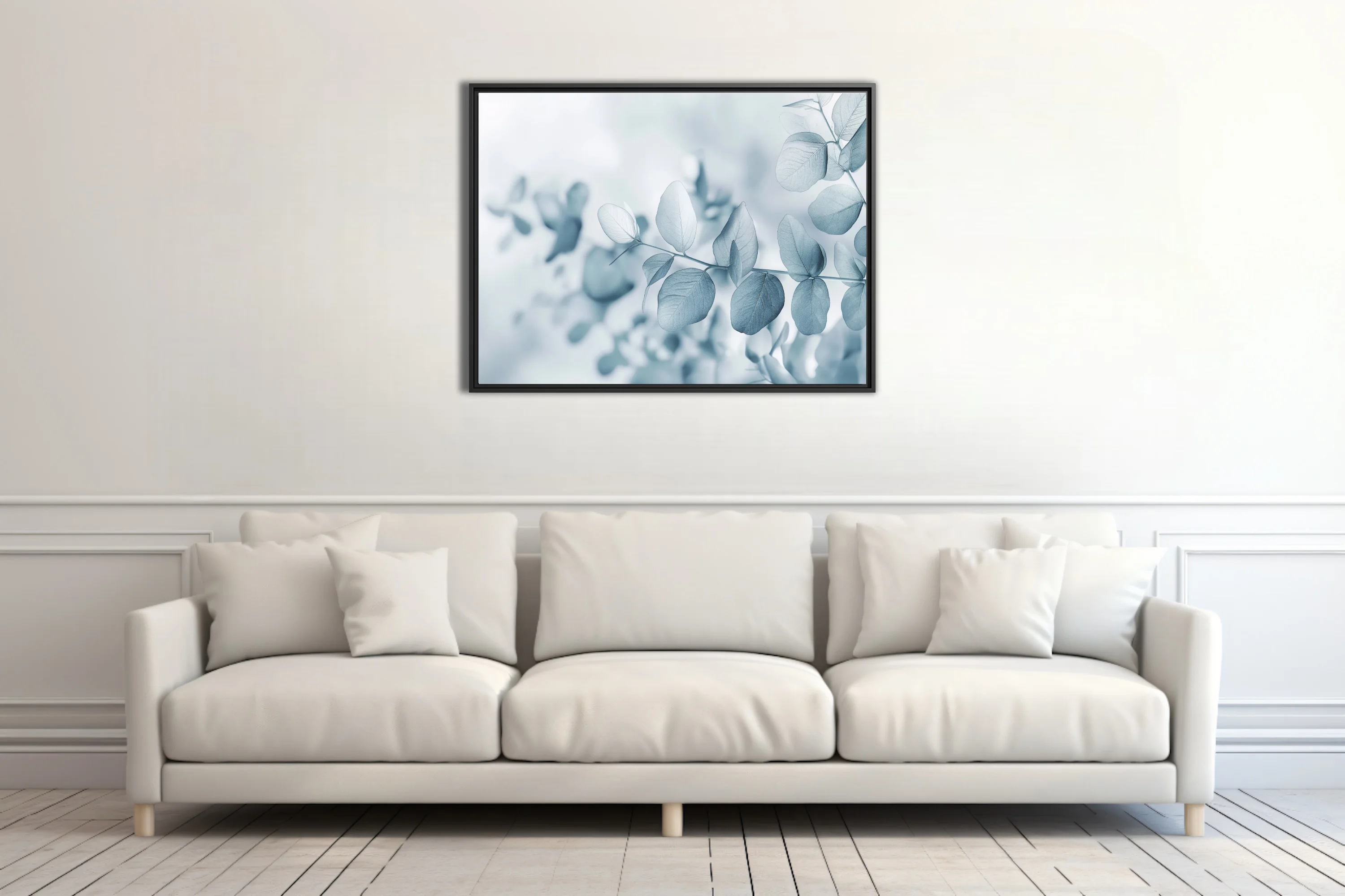 Minimalist eucalyptus botanical print in cool blue-grey tones with soft dreamy focus