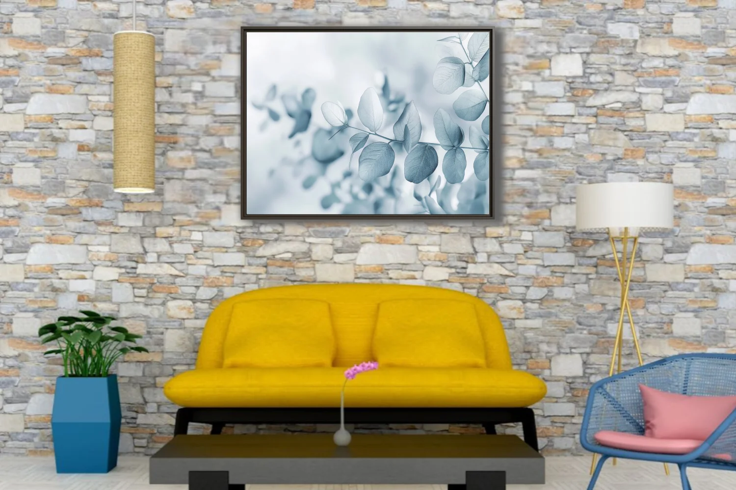 Minimalist eucalyptus botanical print in cool blue-grey tones with soft dreamy focus