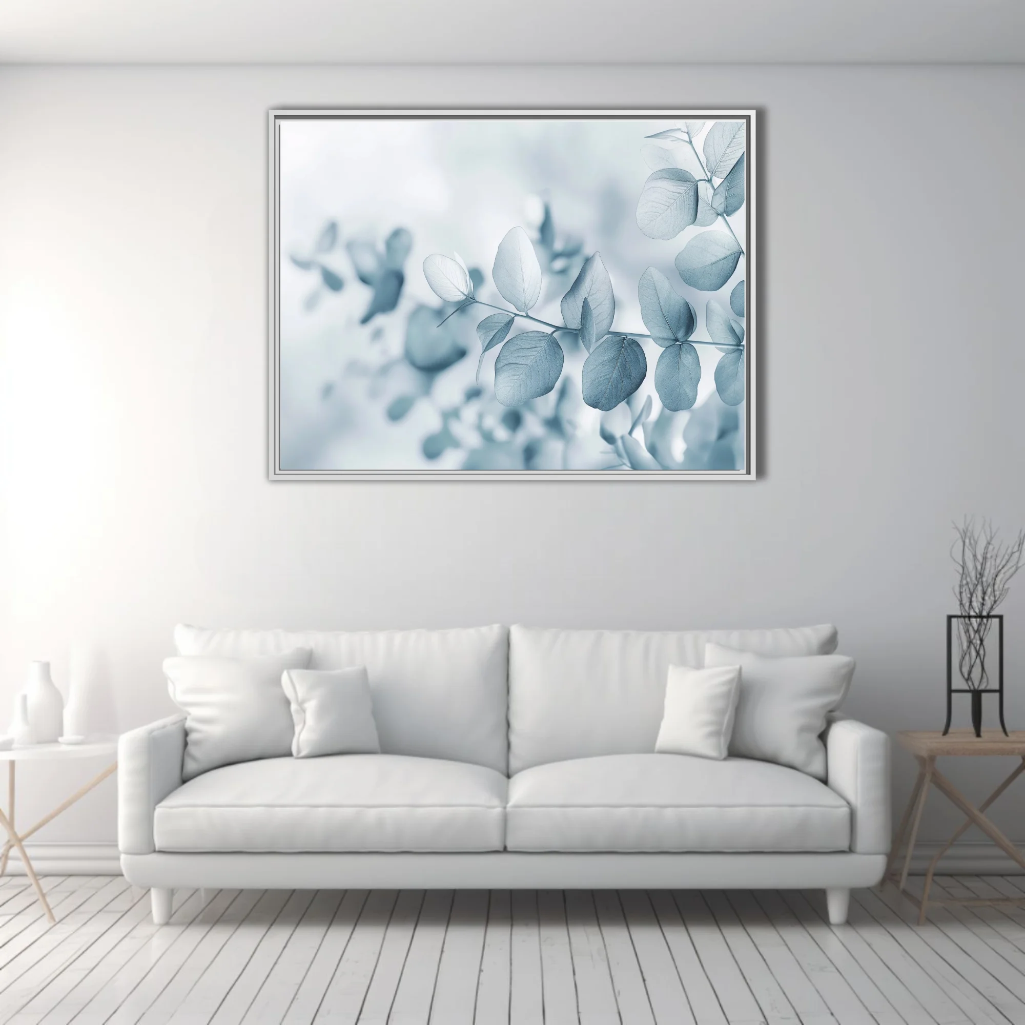 Minimalist eucalyptus botanical print in cool blue-grey tones with soft dreamy focus