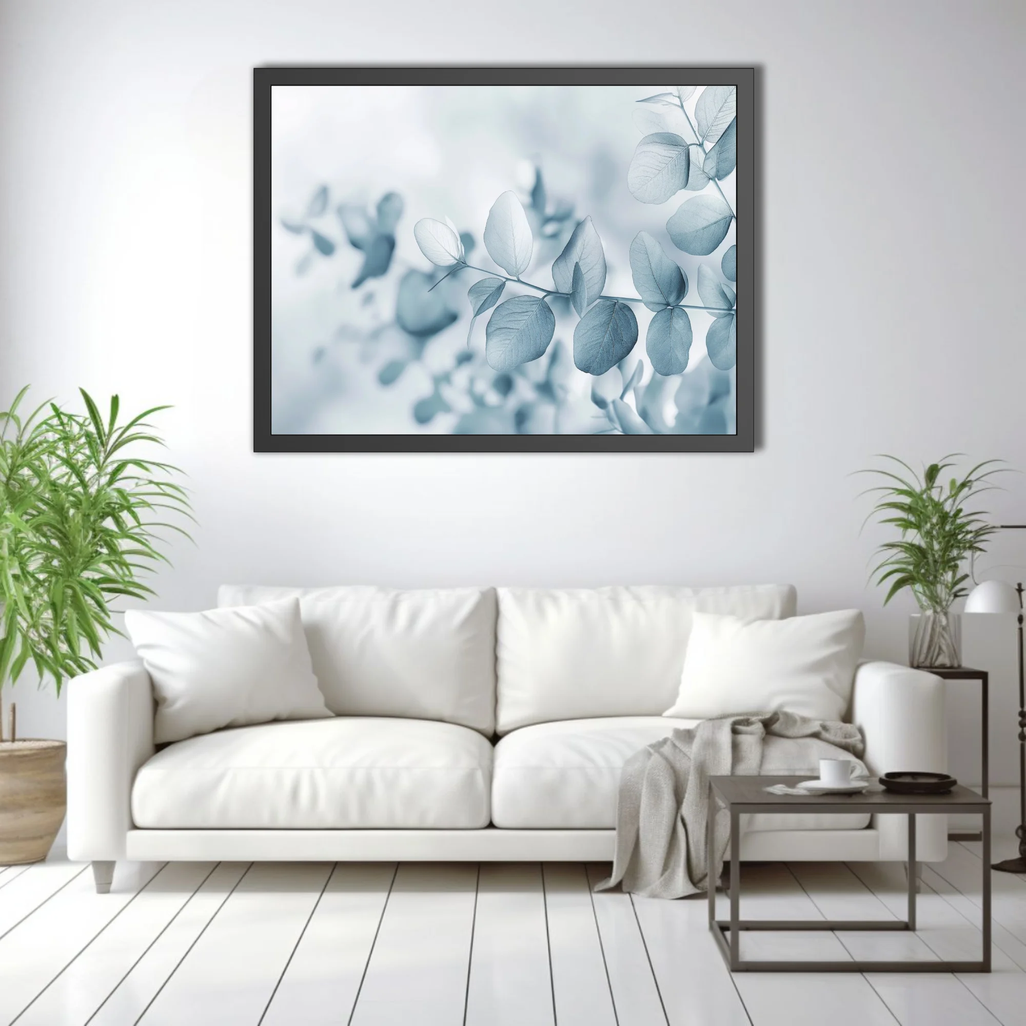 Minimalist eucalyptus botanical print in cool blue-grey tones with soft dreamy focus