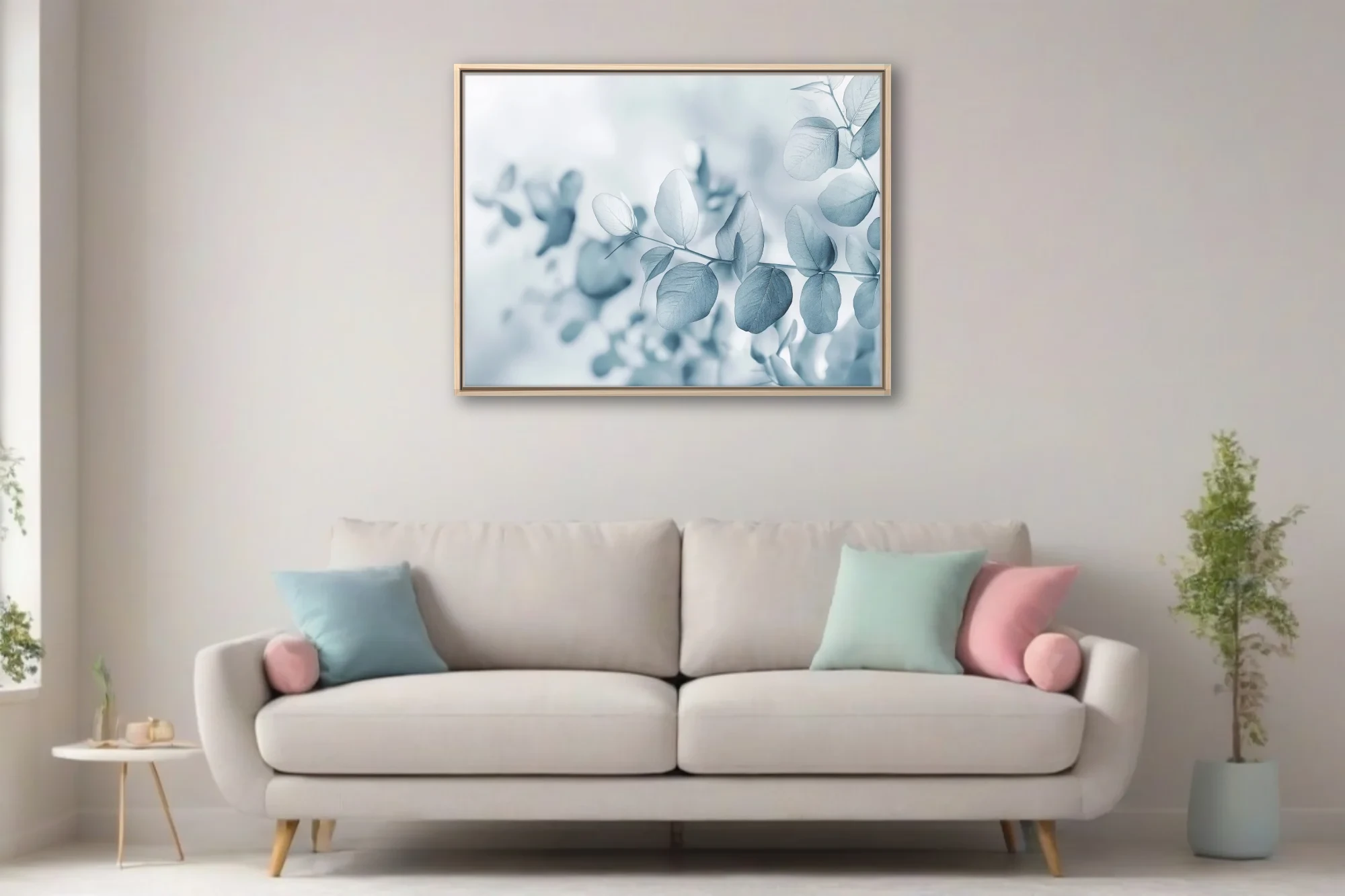 Minimalist eucalyptus botanical print in cool blue-grey tones with soft dreamy focus