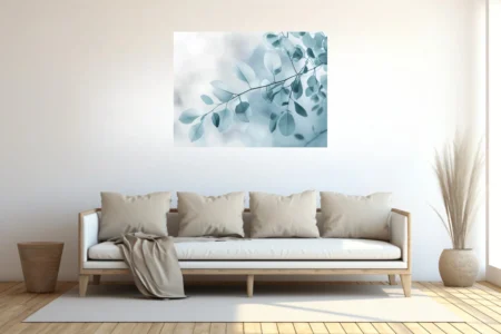 Minimalist botanical print with translucent blue-grey leaves on soft misty background