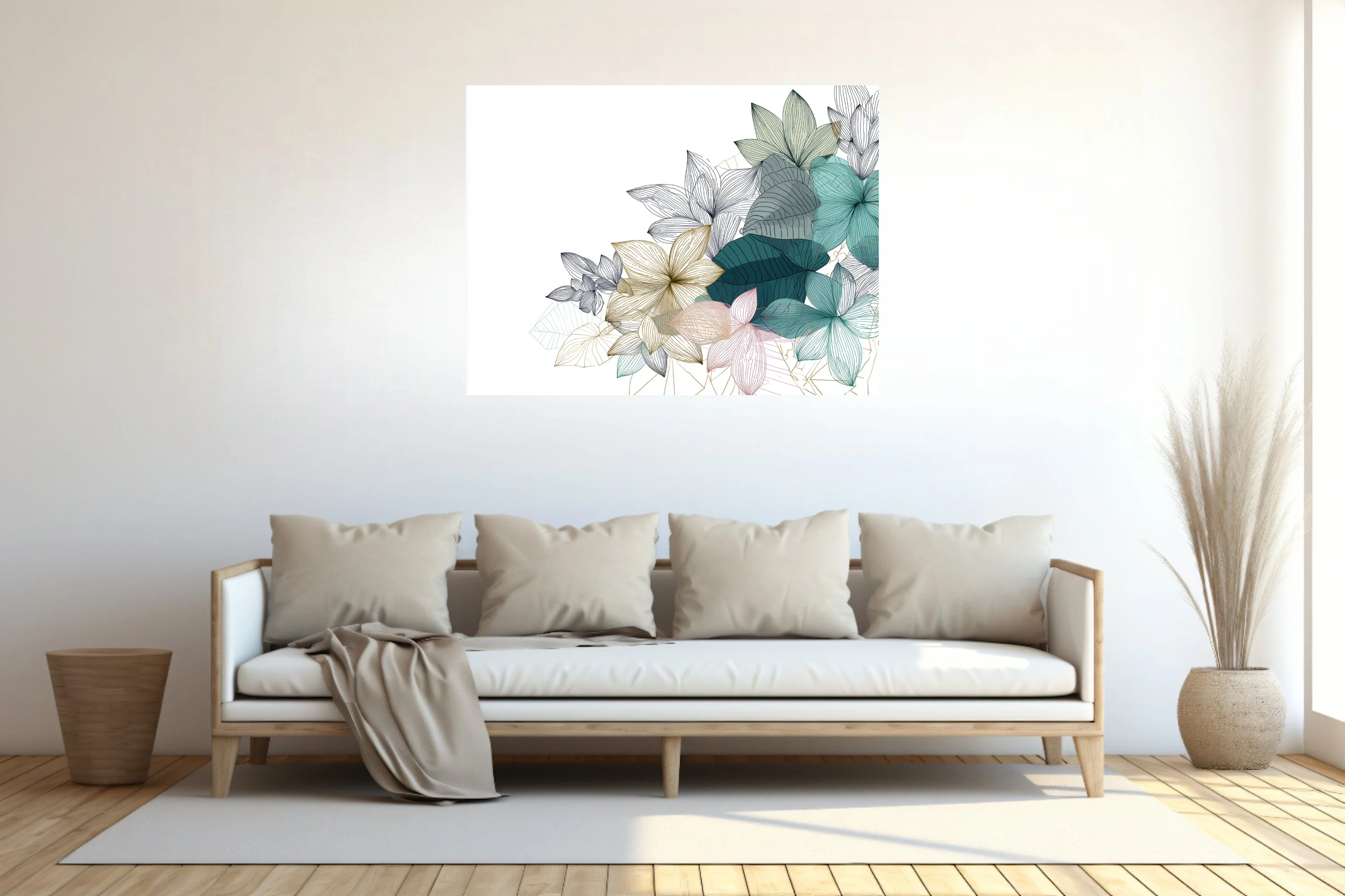 Line-art botanical floral illustration in teal, gold, and blush tones
