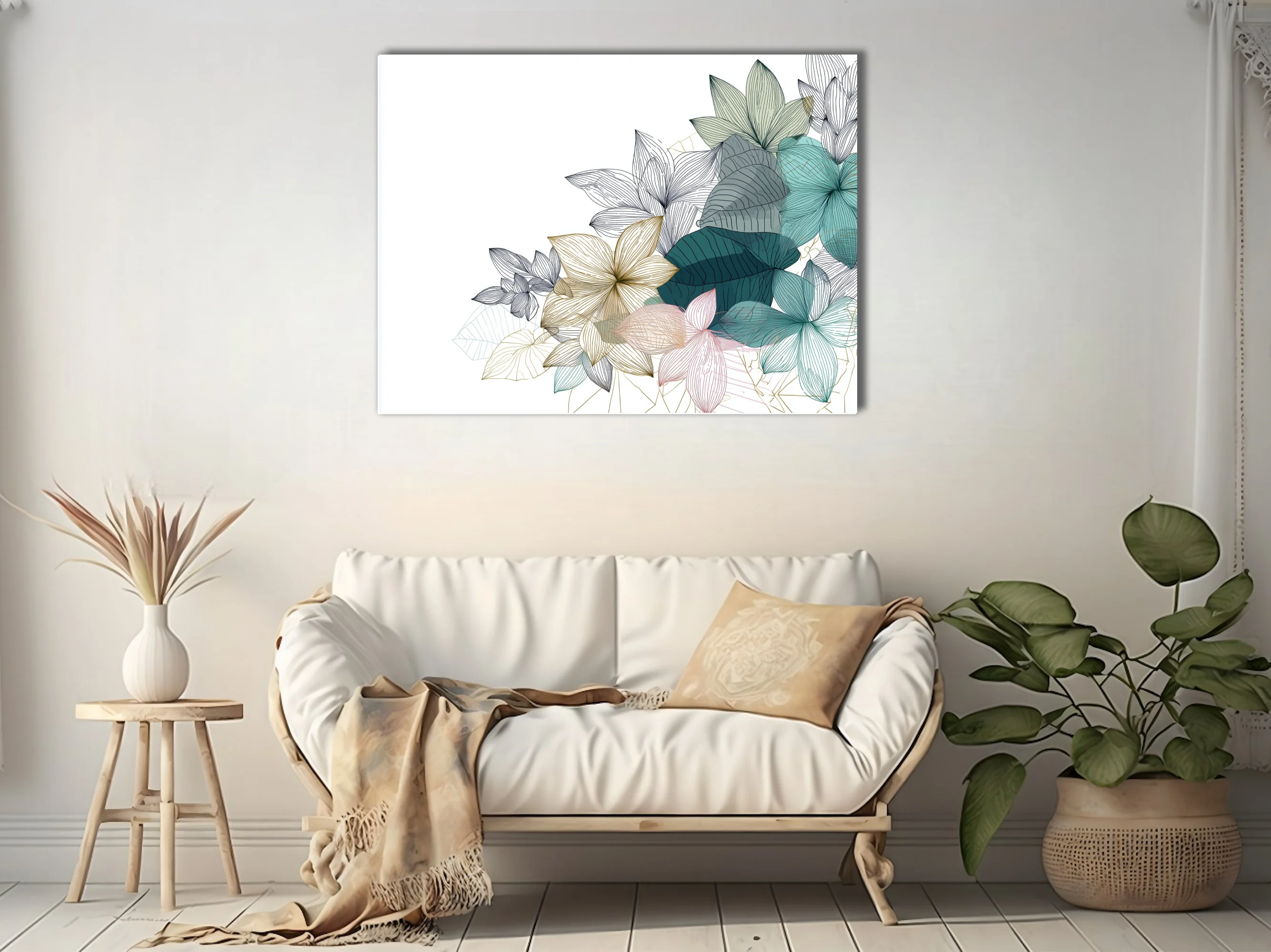 Line-art botanical floral illustration in teal, gold, and blush tones