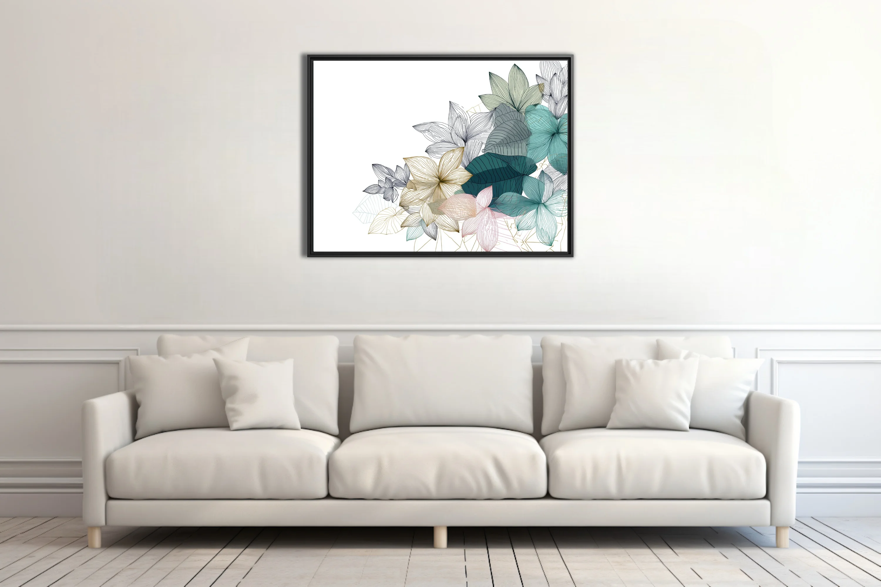 Line-art botanical floral illustration in teal, gold, and blush tones