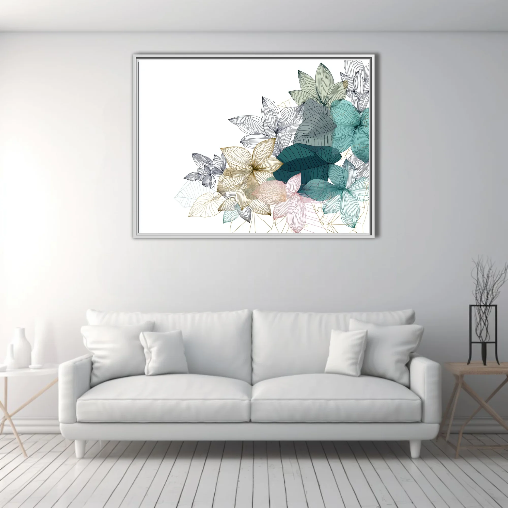 Line-art botanical floral illustration in teal, gold, and blush tones