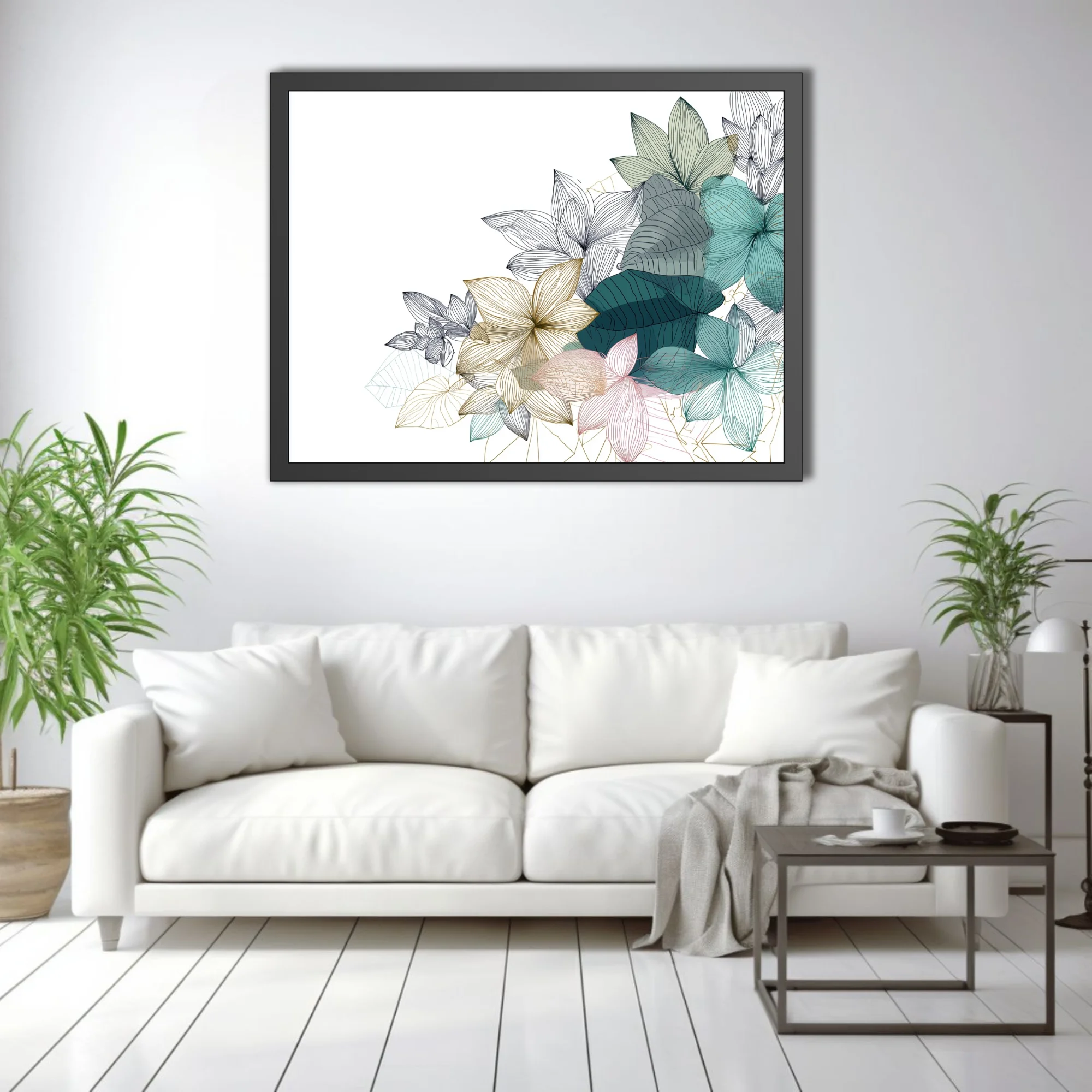 Line-art botanical floral illustration in teal, gold, and blush tones
