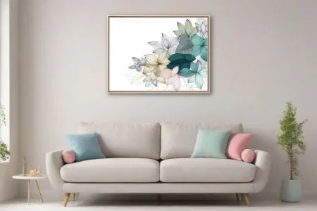 Line-art botanical floral illustration in teal, gold, and blush tones