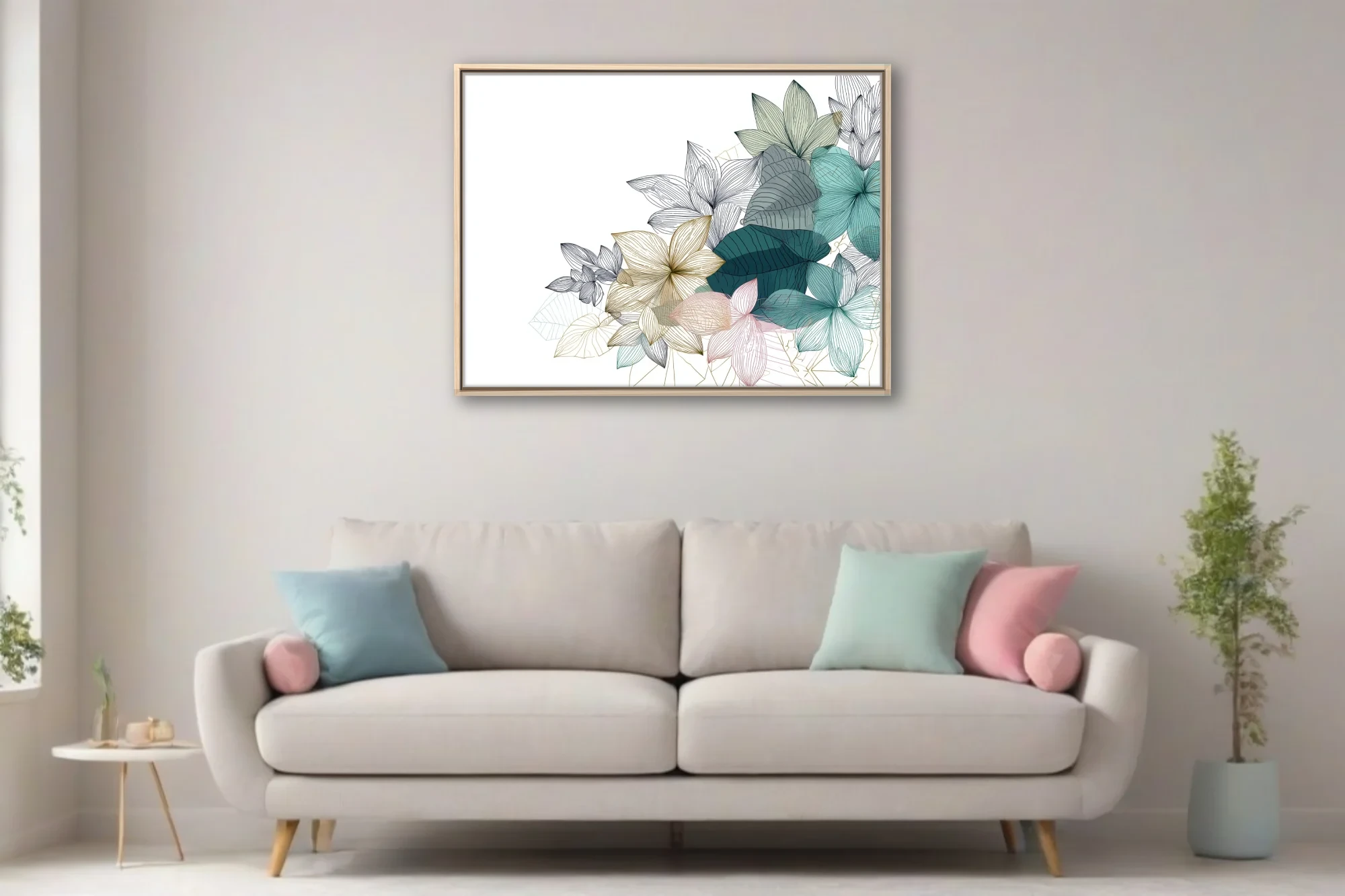 Line-art botanical floral illustration in teal, gold, and blush tones
