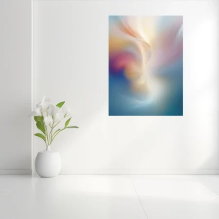 Abstract fluid pastel swirl art in peach, rose, gold, and blue tones