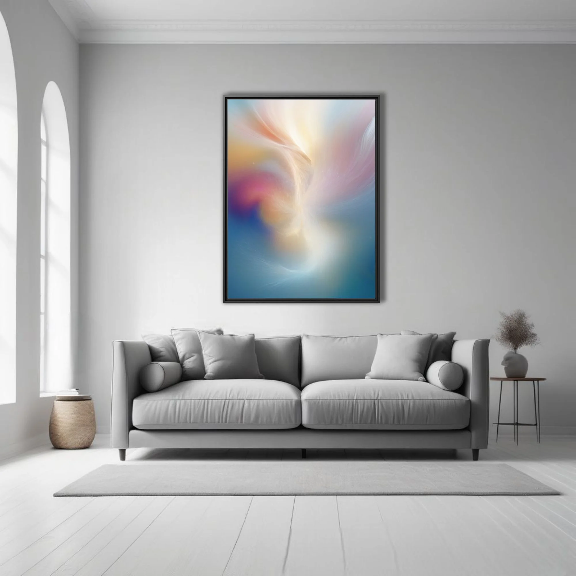 Abstract fluid pastel swirl art in peach, rose, gold, and blue tones