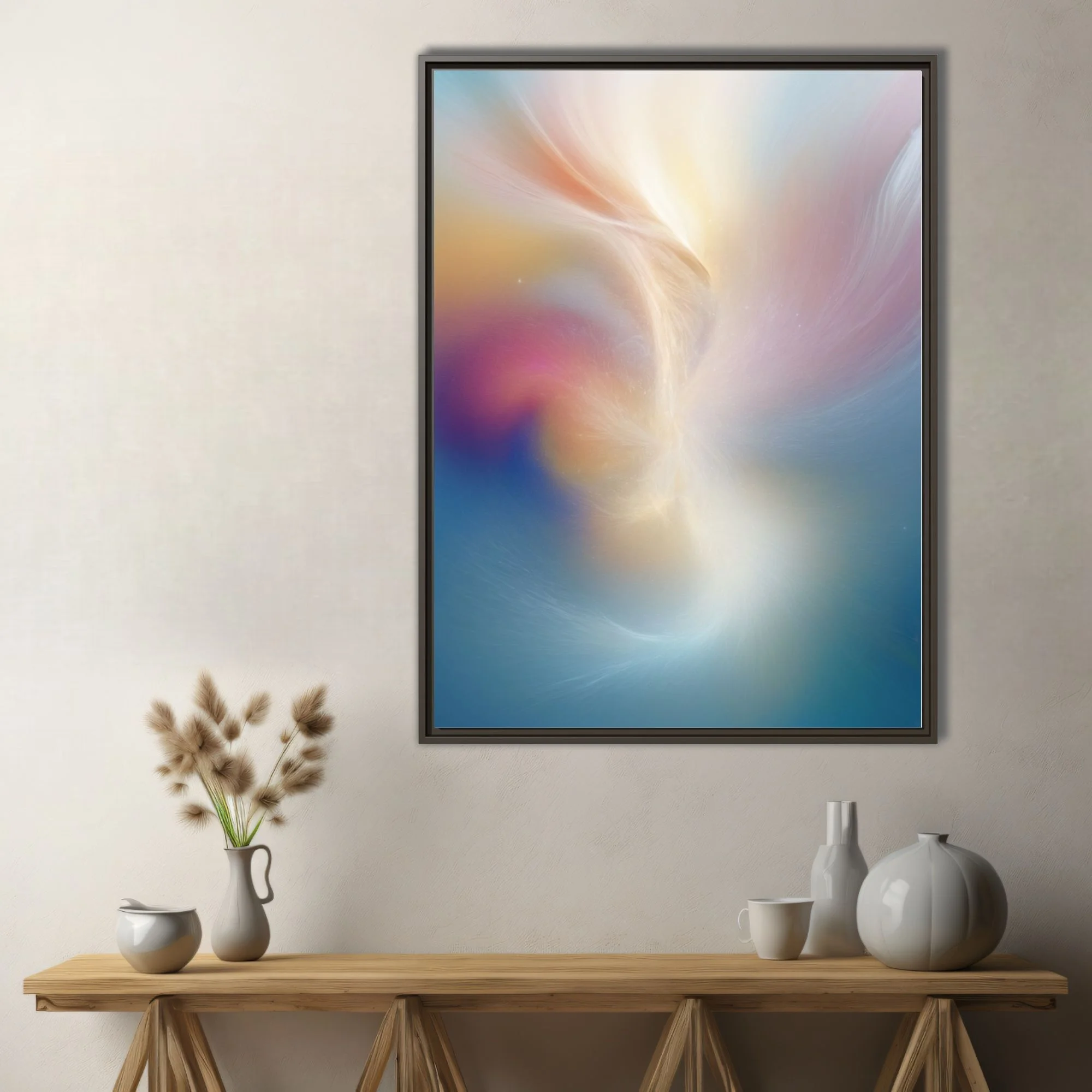 Abstract fluid pastel swirl art in peach, rose, gold, and blue tones