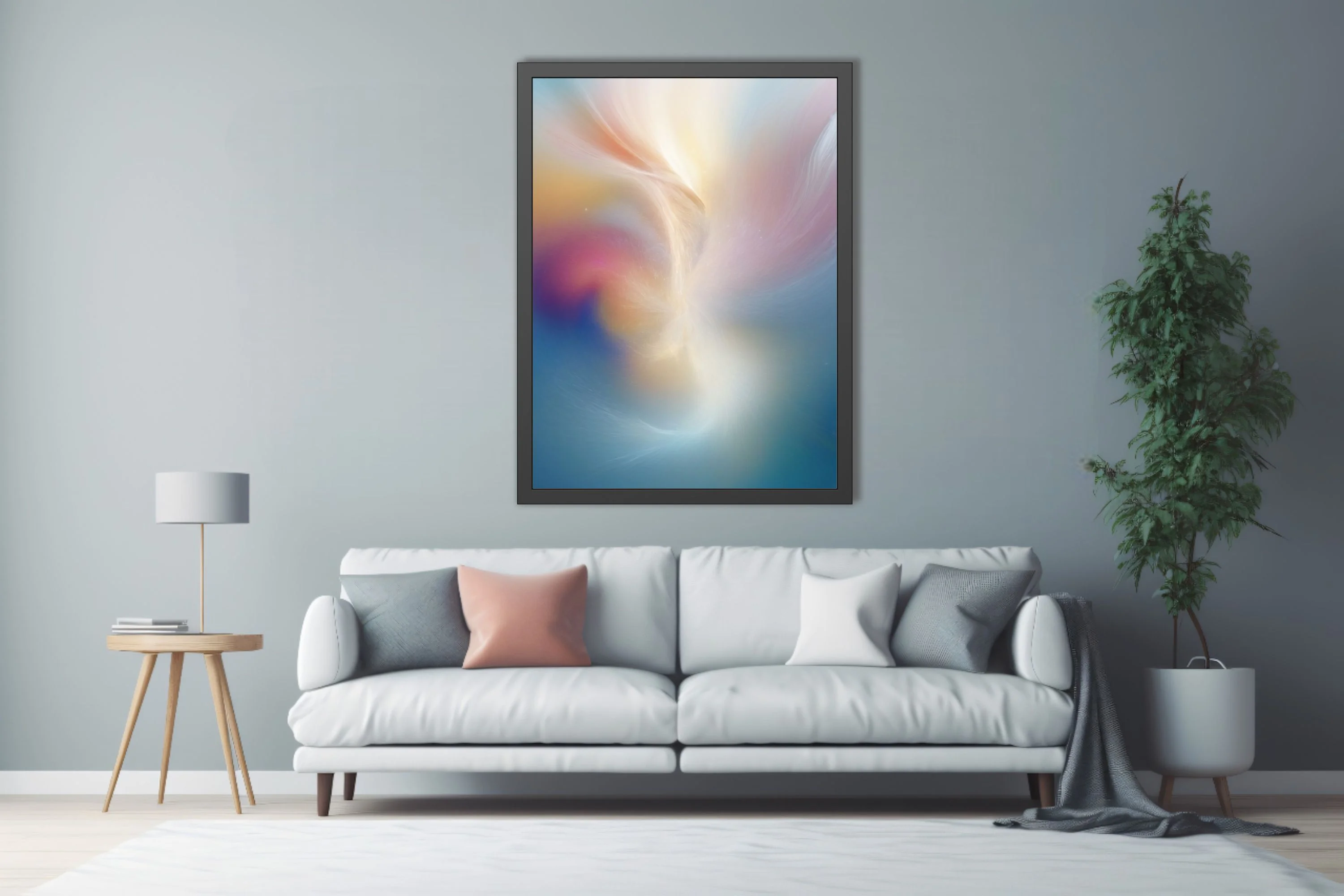 Abstract fluid pastel swirl art in peach, rose, gold, and blue tones