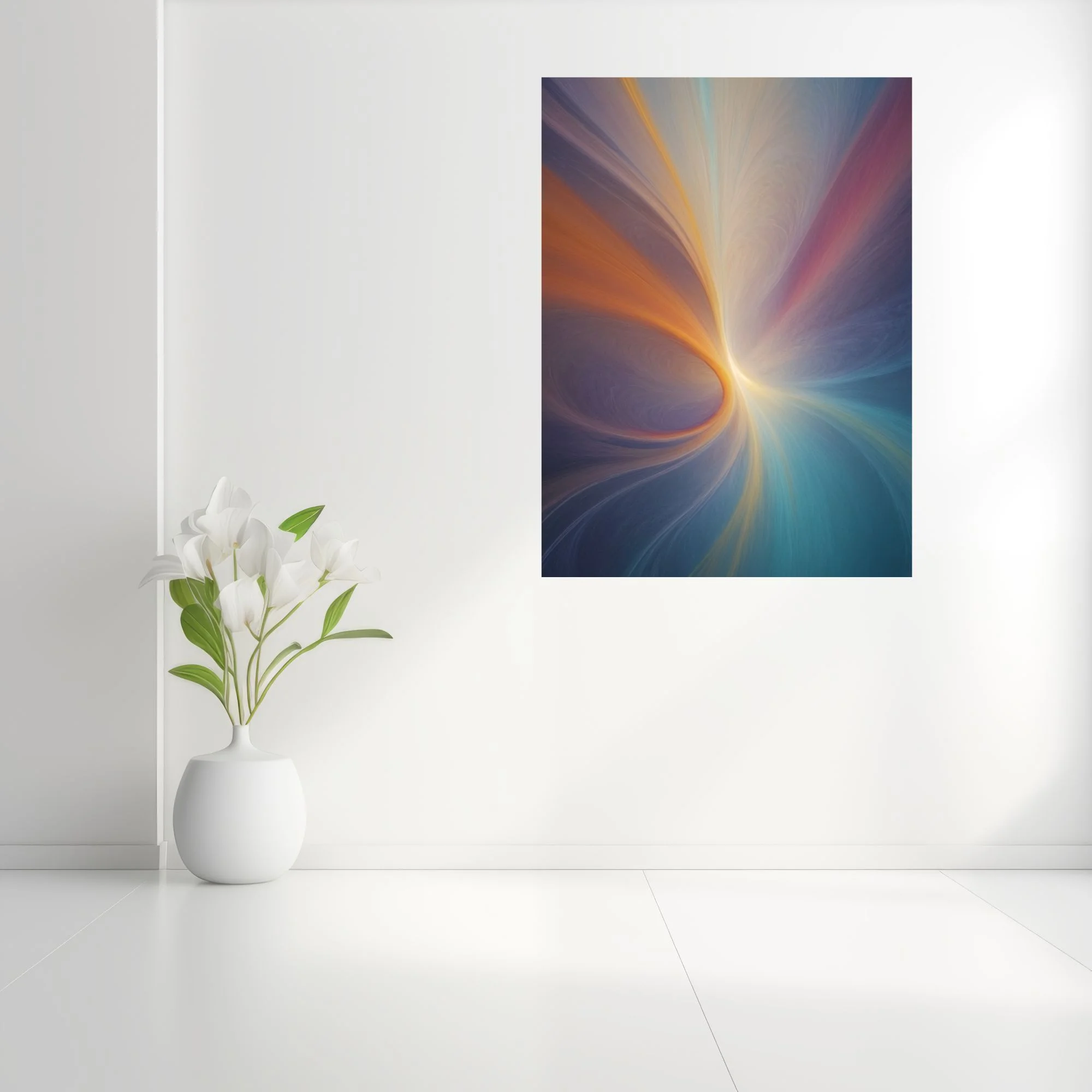 Abstract fluid art with glowing amber swirl, teal, rose, and lavender tones