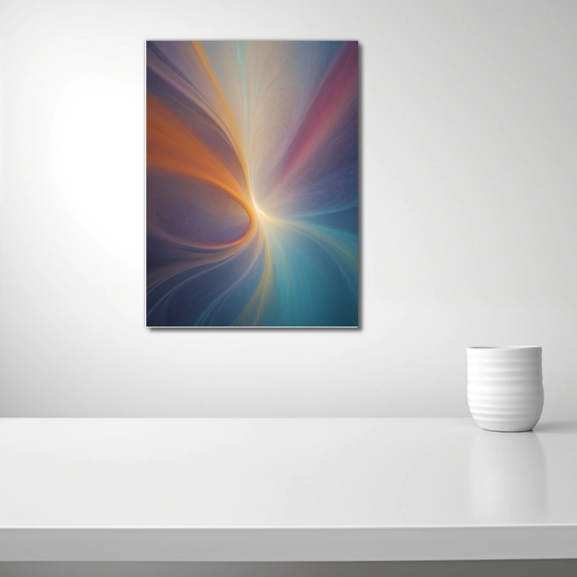 Abstract fluid art with glowing amber swirl, teal, rose, and lavender tones