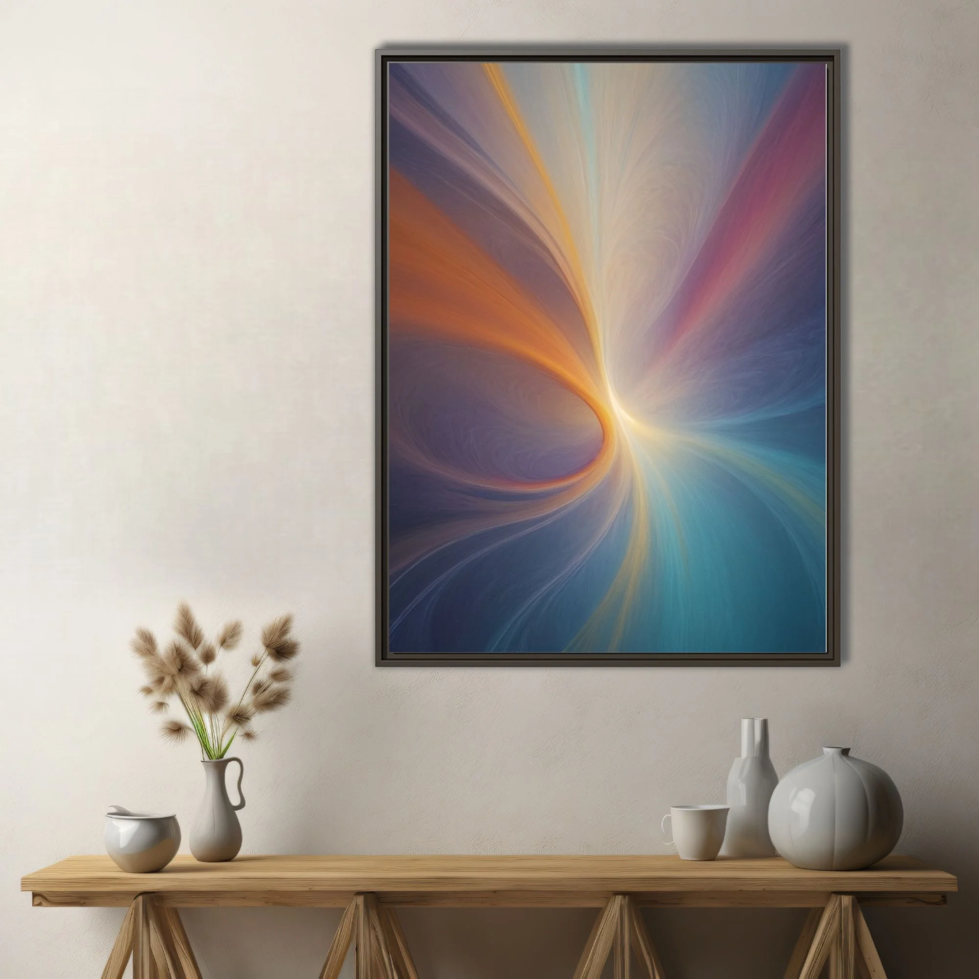 Abstract fluid art with glowing amber swirl, teal, rose, and lavender tones