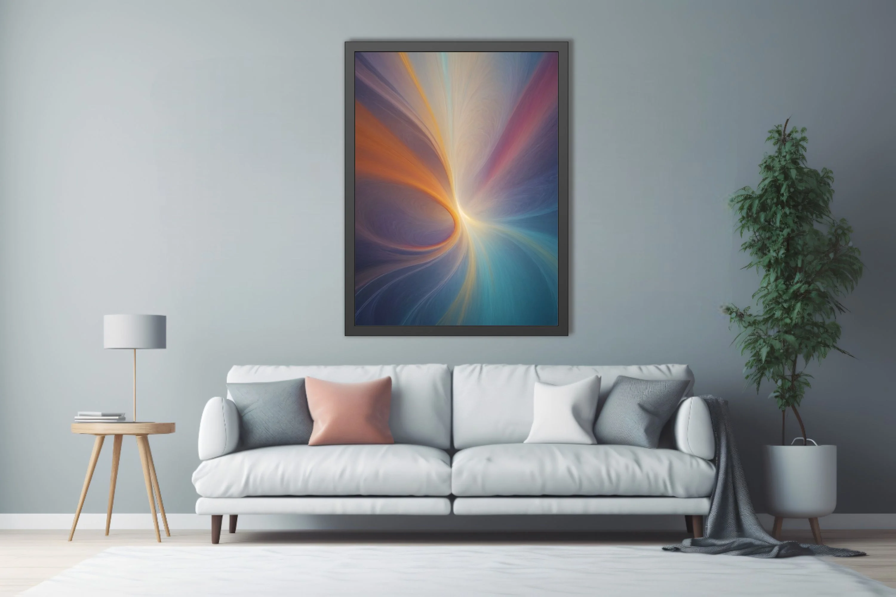 Abstract fluid art with glowing amber swirl, teal, rose, and lavender tones