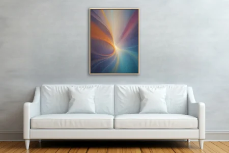 Abstract fluid art with glowing amber swirl, teal, rose, and lavender tones