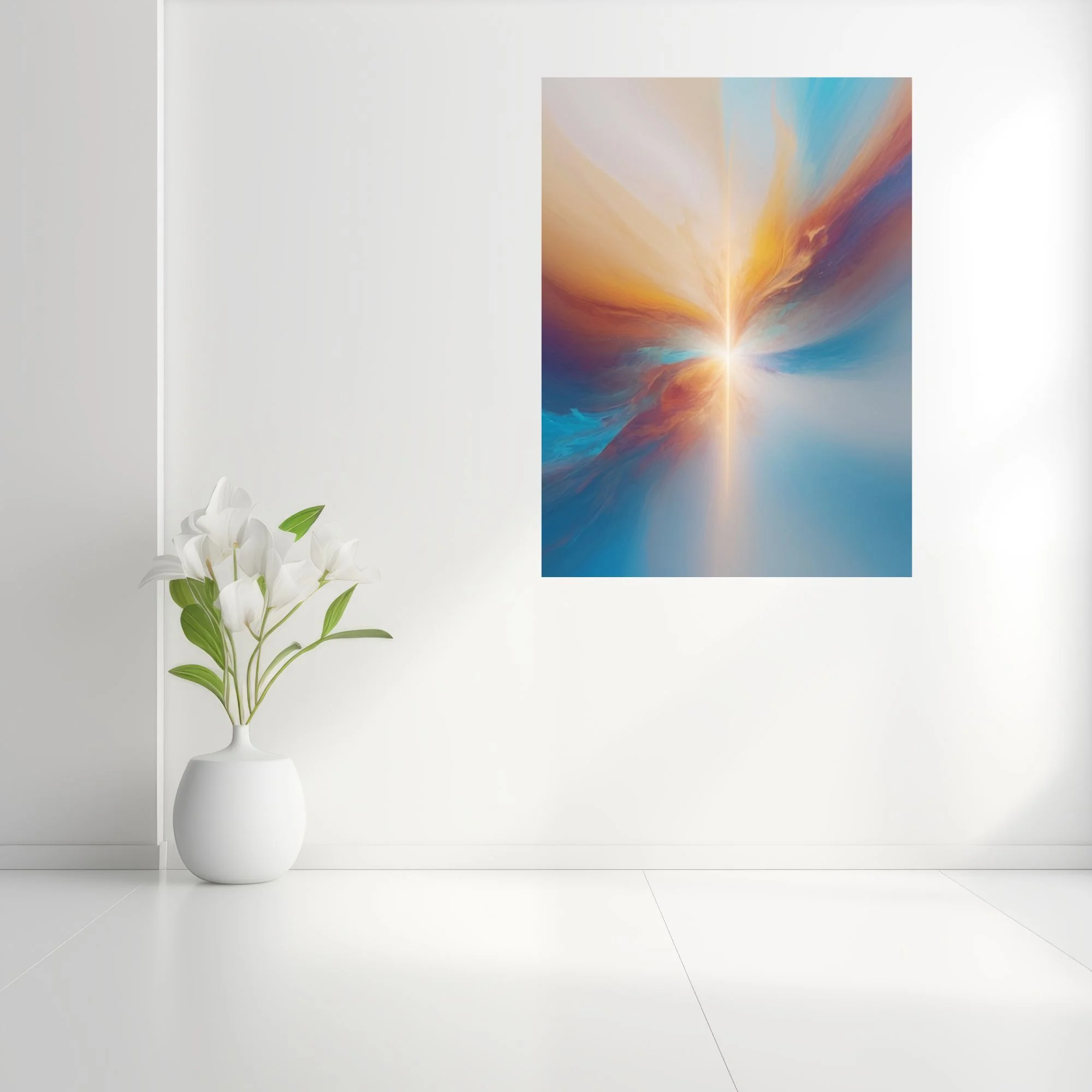 Contemporary abstract burst in azure, amber, and rust with luminous radiant beam and soft-focus haze