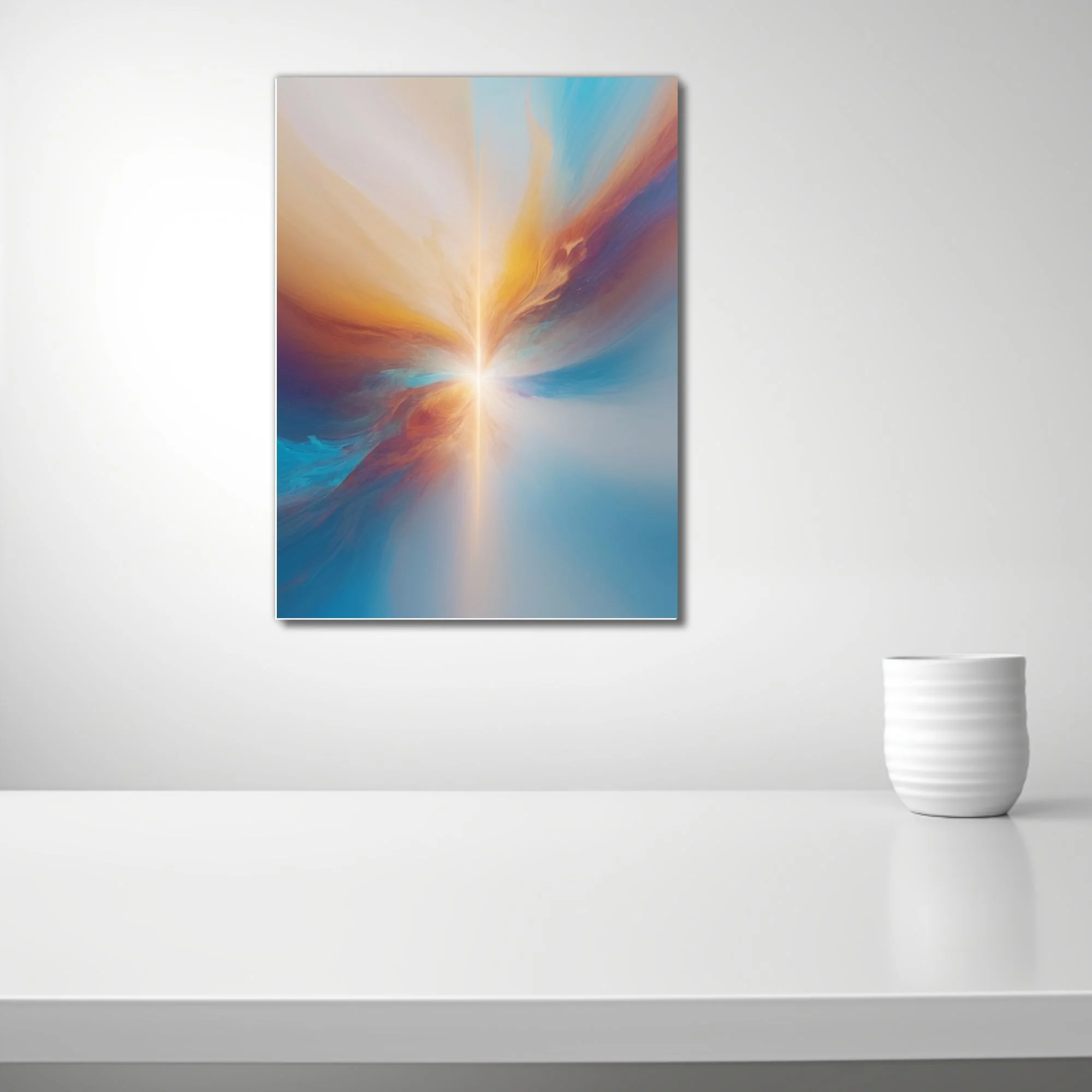 Contemporary abstract burst in azure, amber, and rust with luminous radiant beam and soft-focus haze