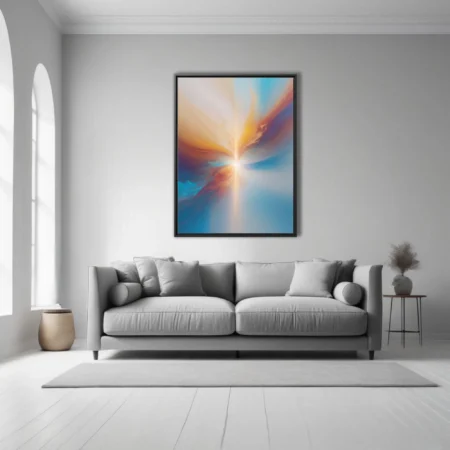 Contemporary abstract burst in azure, amber, and rust with luminous radiant beam and soft-focus haze