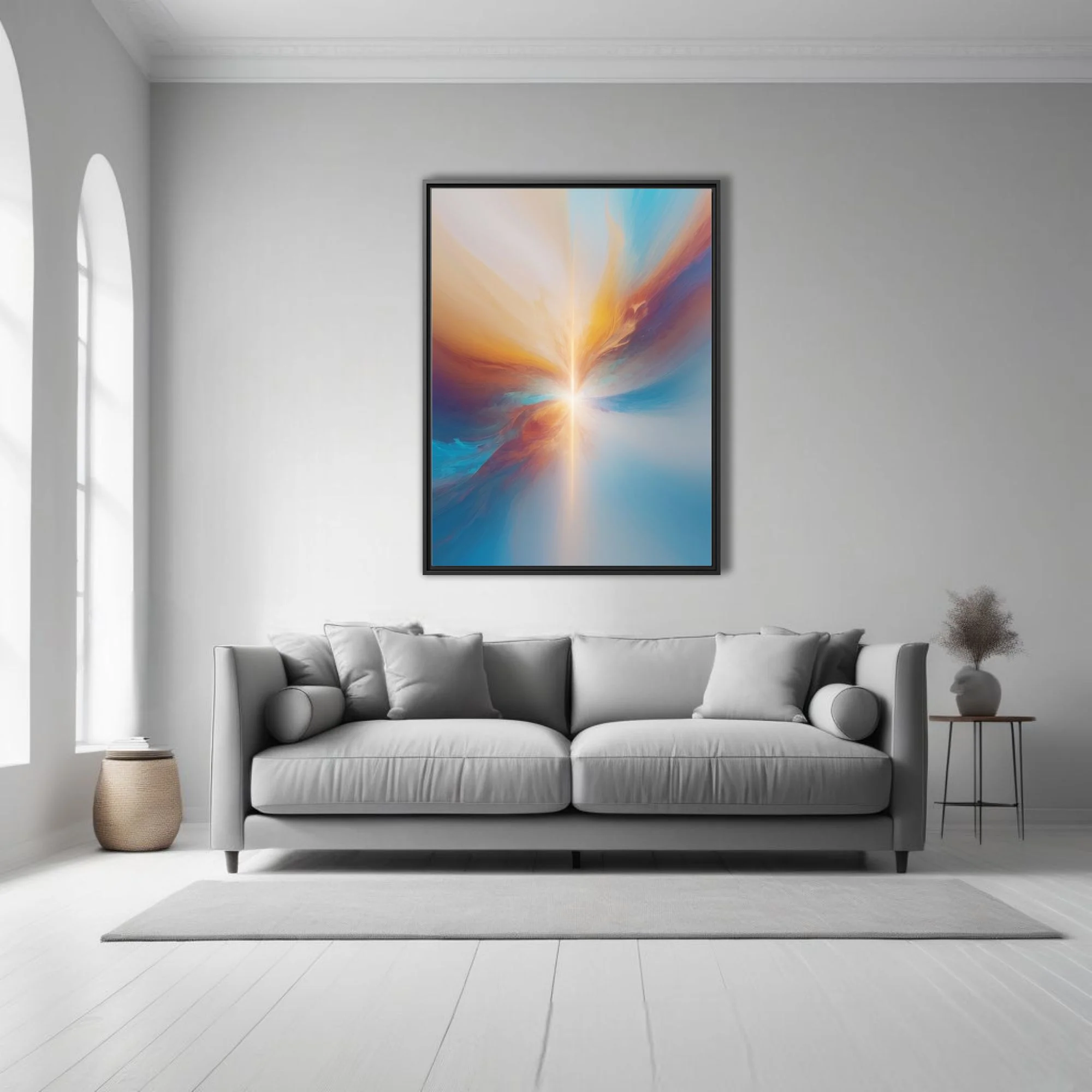 Contemporary abstract burst in azure, amber, and rust with luminous radiant beam and soft-focus haze