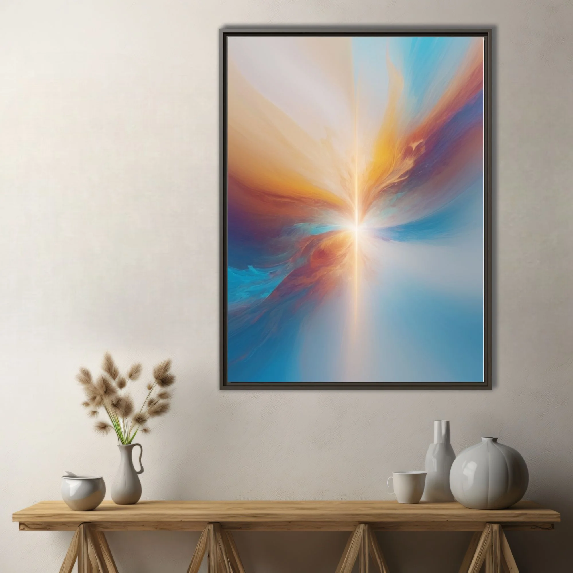 Contemporary abstract burst in azure, amber, and rust with luminous radiant beam and soft-focus haze