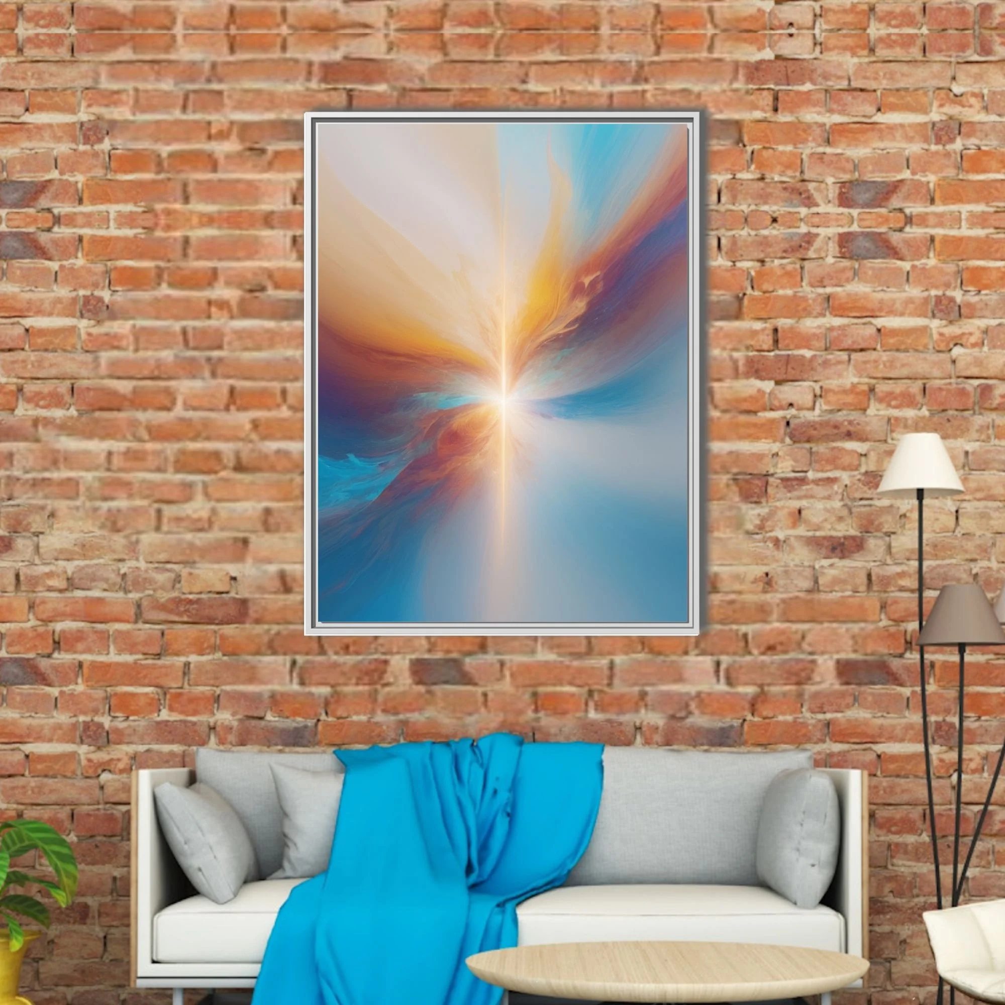 Contemporary abstract burst in azure, amber, and rust with luminous radiant beam and soft-focus haze