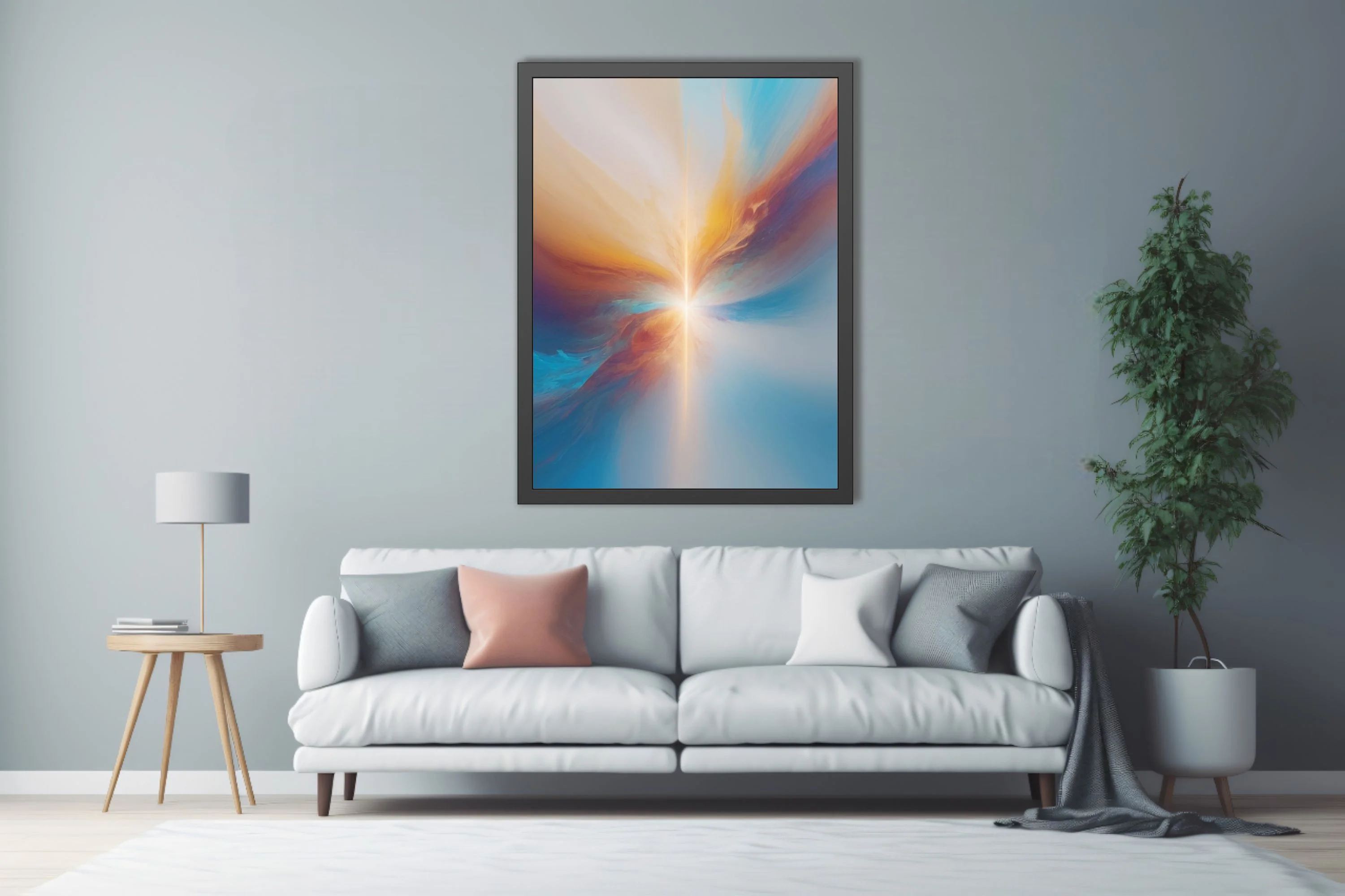 Contemporary abstract burst in azure, amber, and rust with luminous radiant beam and soft-focus haze