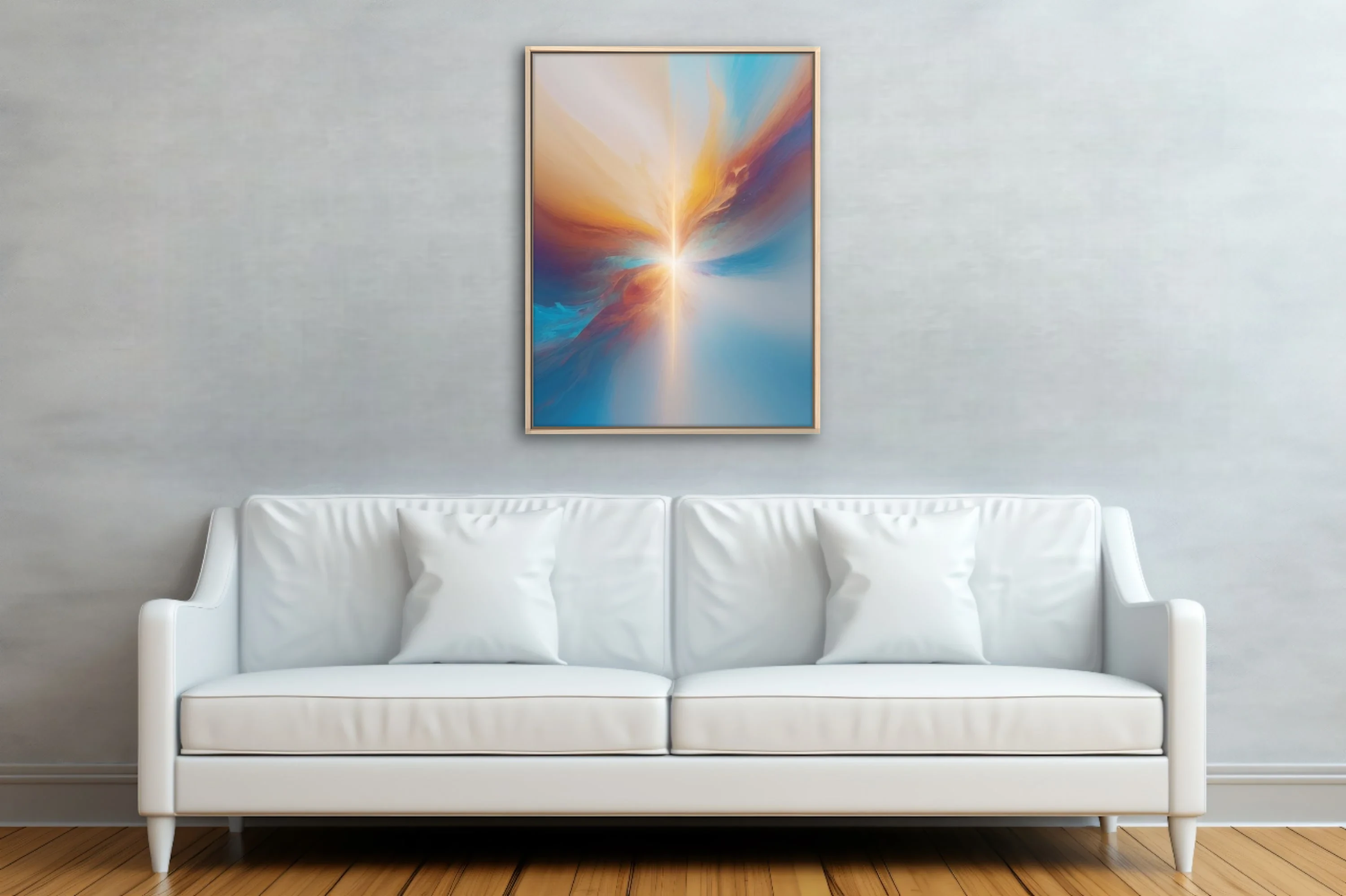 Contemporary abstract burst in azure, amber, and rust with luminous radiant beam and soft-focus haze