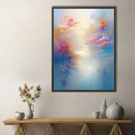 Dreamy abstract artwork in pastel pinks, gold, and icy blues with soft luminous center
