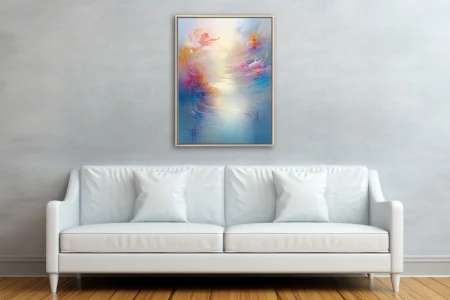 Dreamy abstract artwork in pastel pinks, gold, and icy blues with soft luminous center