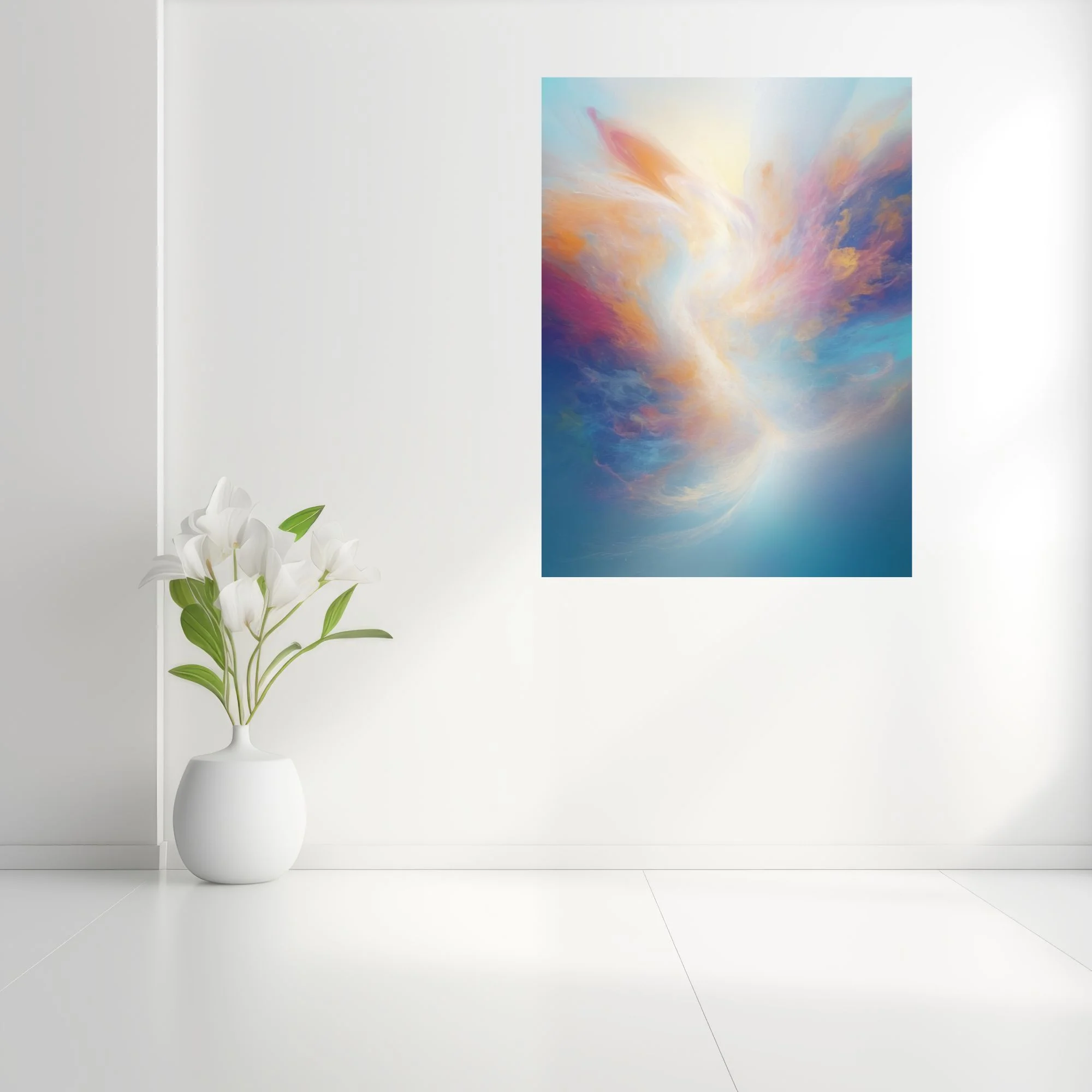 Ethereal pastel abstract artwork with swirling gold, rose, and sky-blue painterly washes