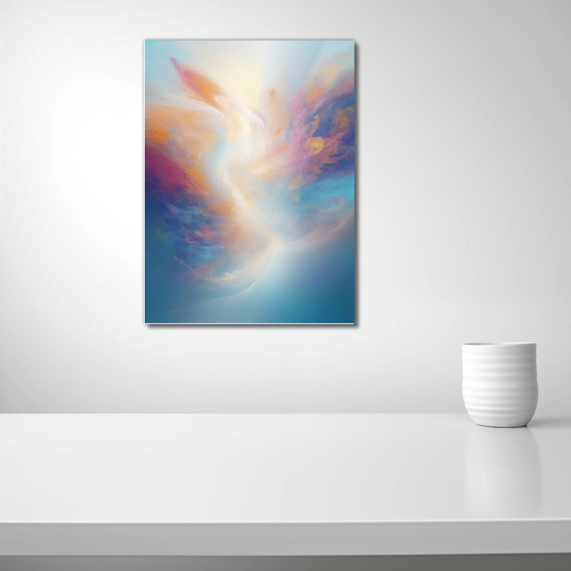 Ethereal pastel abstract artwork with swirling gold, rose, and sky-blue painterly washes