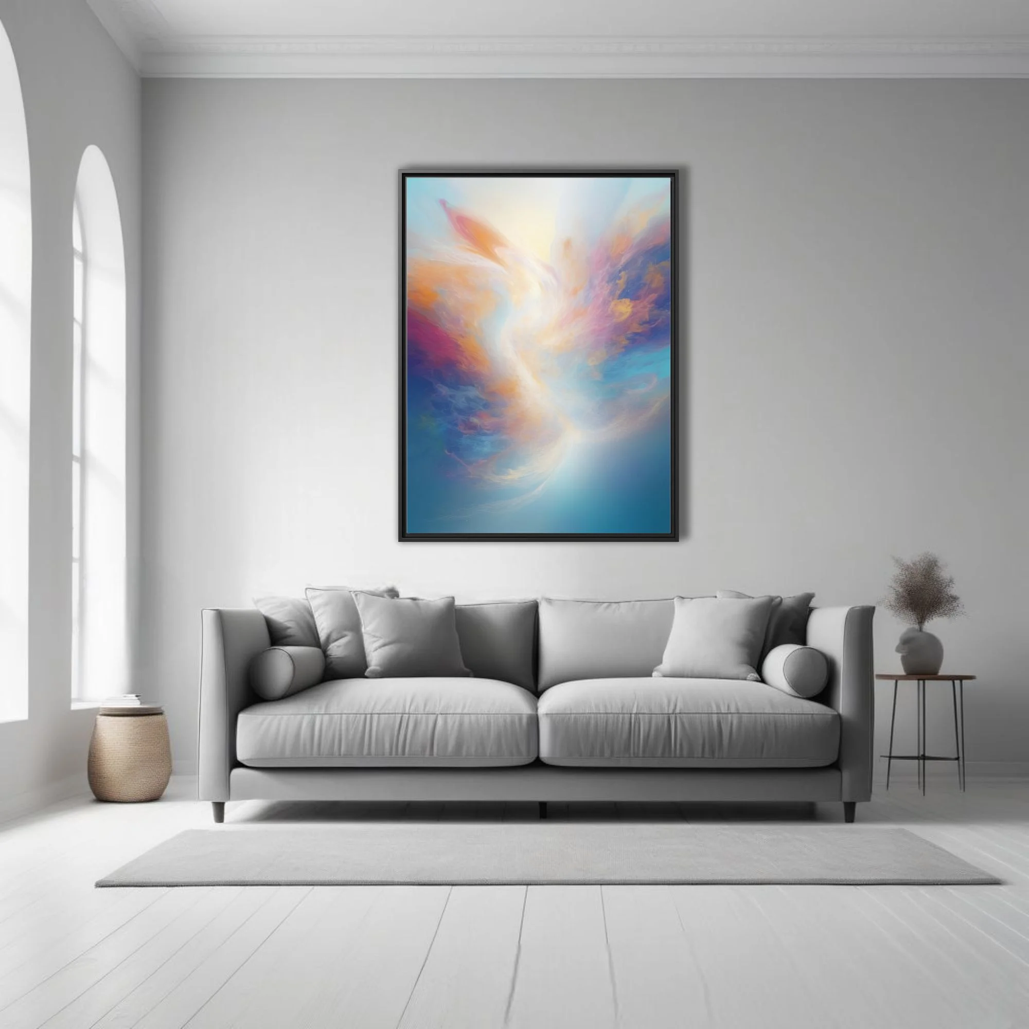Ethereal pastel abstract artwork with swirling gold, rose, and sky-blue painterly washes