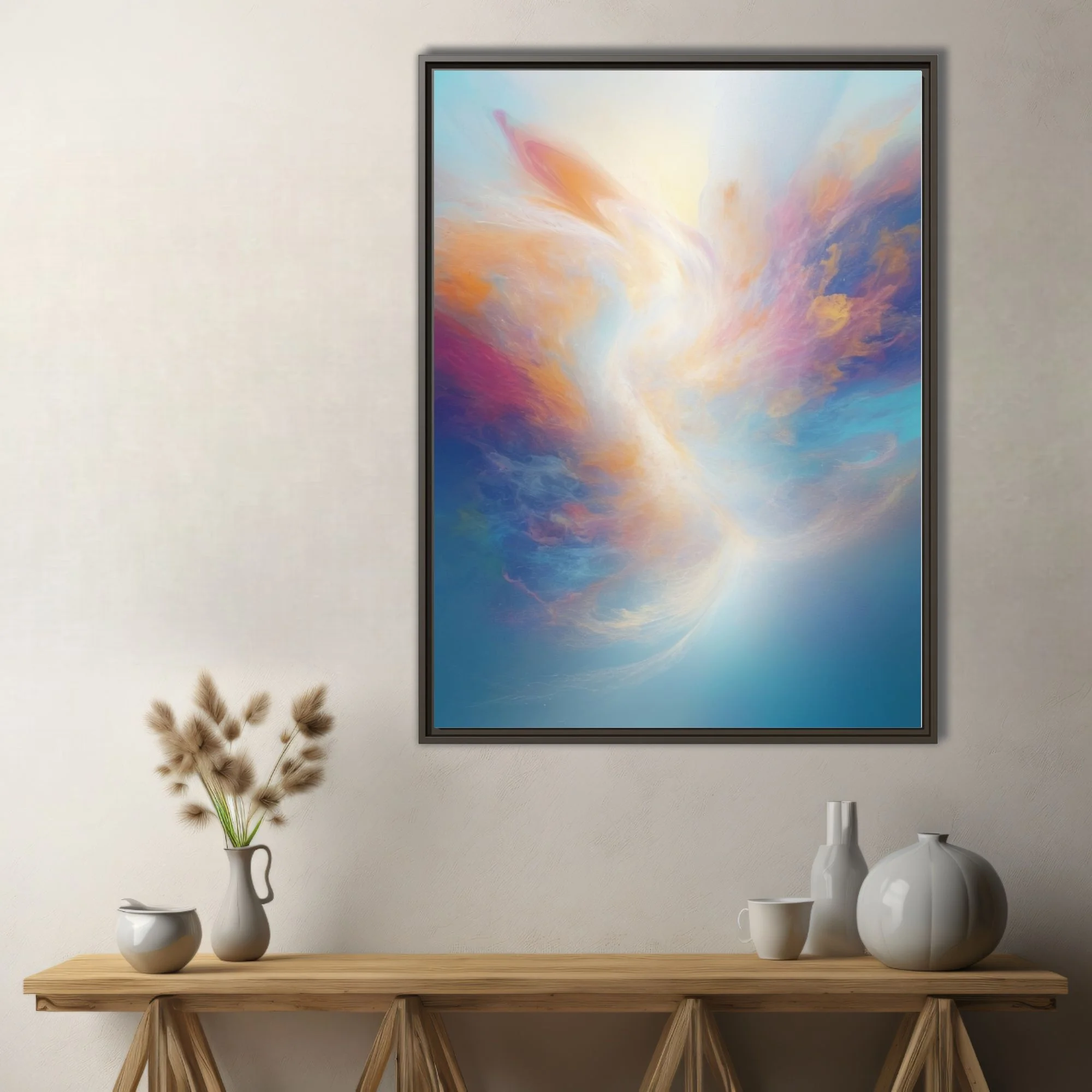 Ethereal pastel abstract artwork with swirling gold, rose, and sky-blue painterly washes