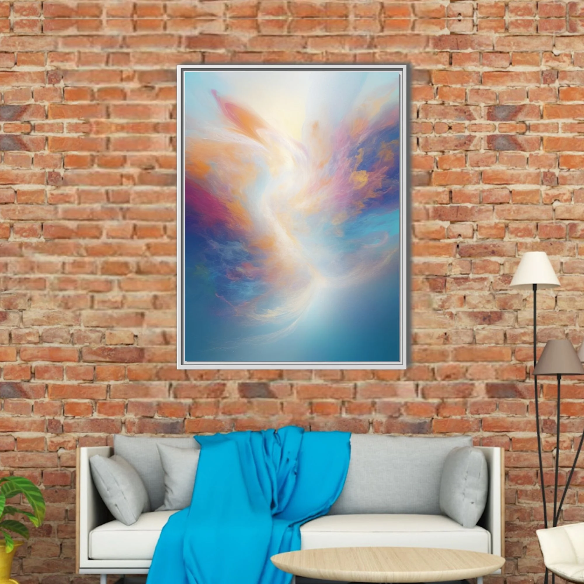 Ethereal pastel abstract artwork with swirling gold, rose, and sky-blue painterly washes