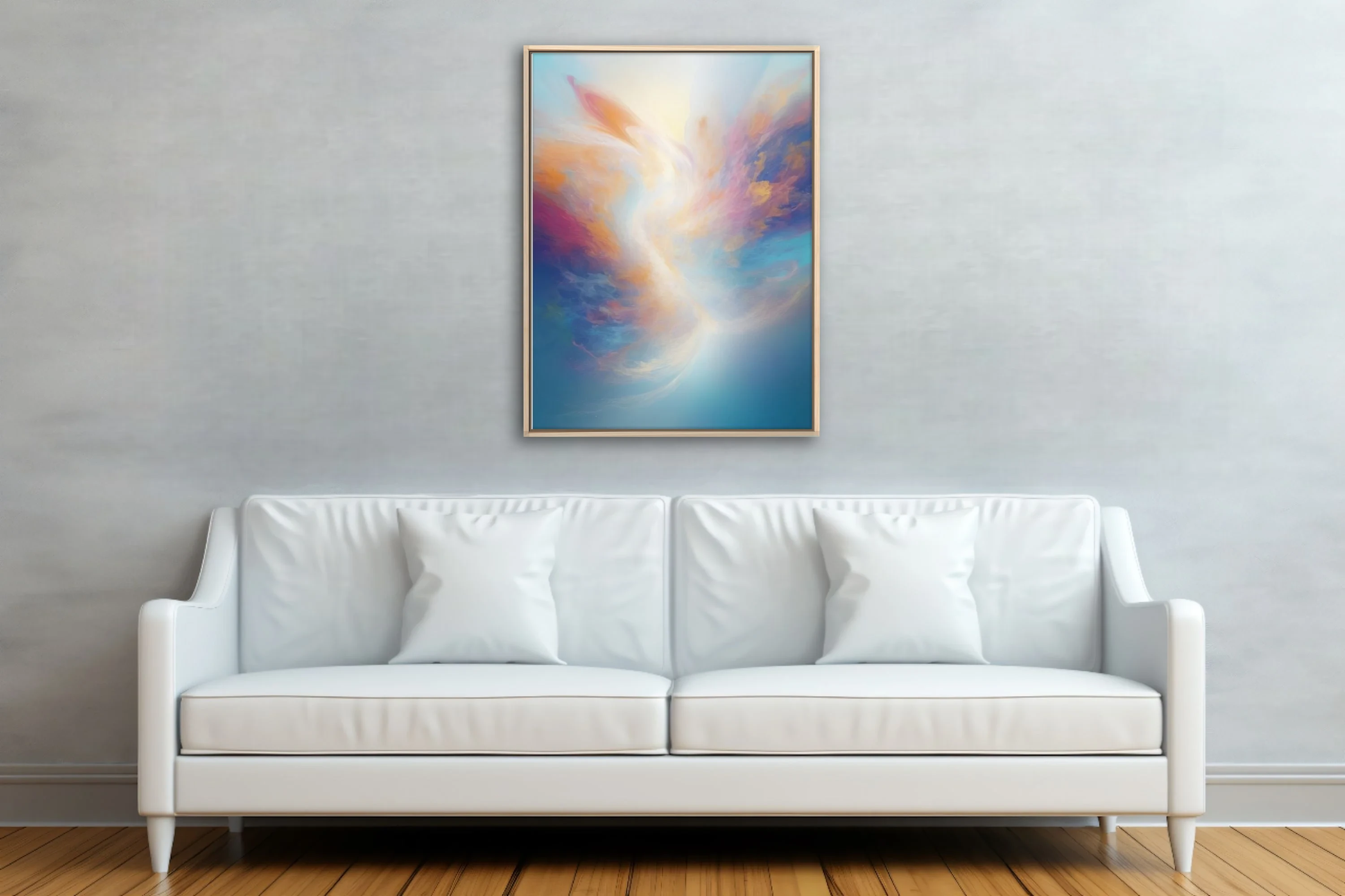 Ethereal pastel abstract artwork with swirling gold, rose, and sky-blue painterly washes