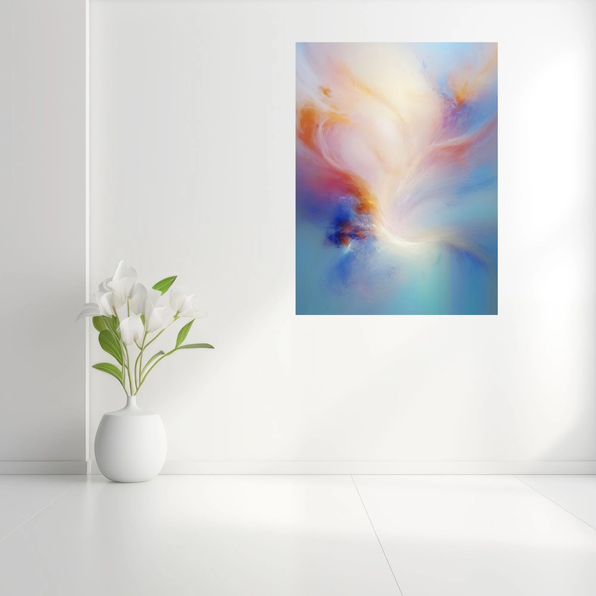 Ethereal abstract artwork in cream, apricot, rose, and soft blue with dreamy swirling forms