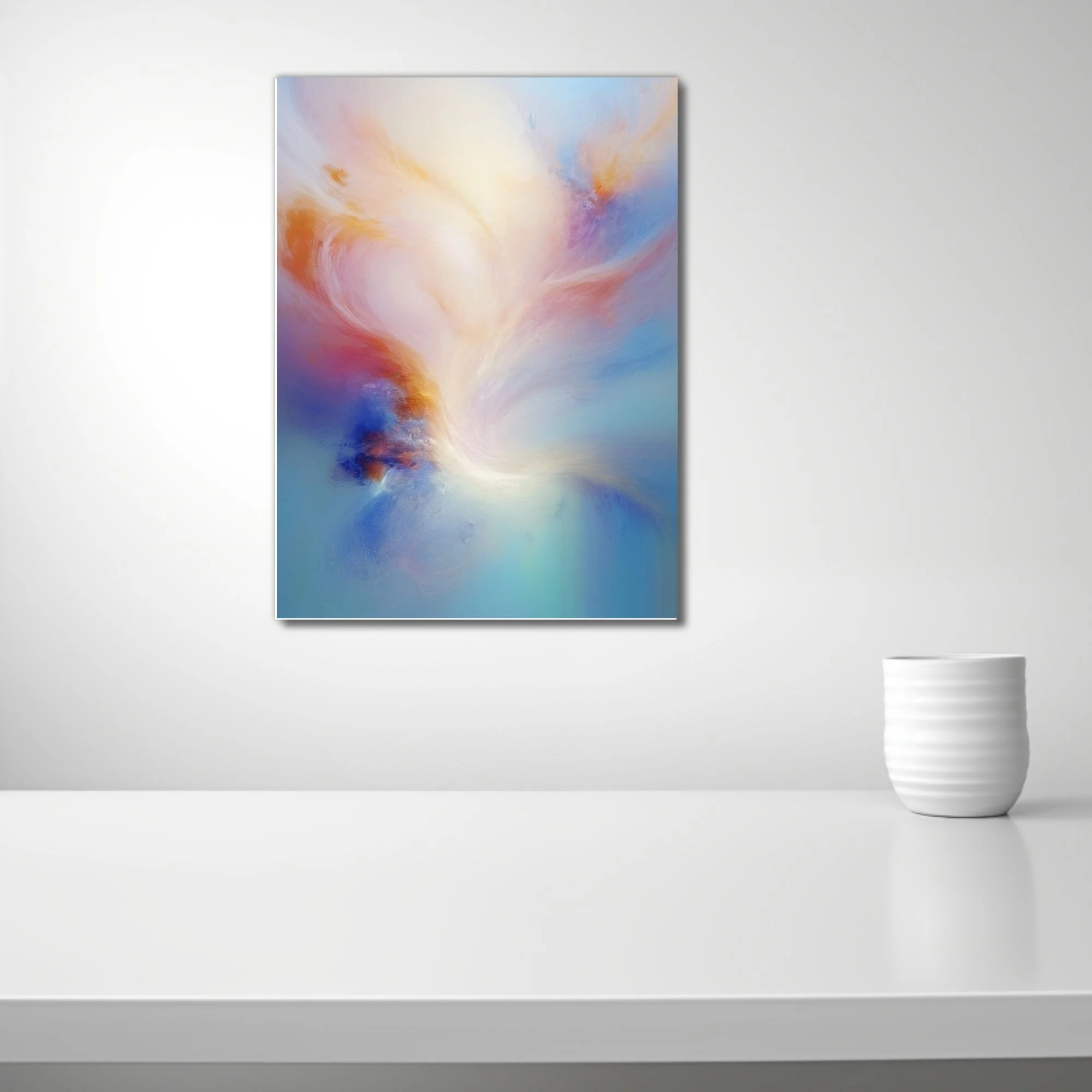 Ethereal abstract artwork in cream, apricot, rose, and soft blue with dreamy swirling forms