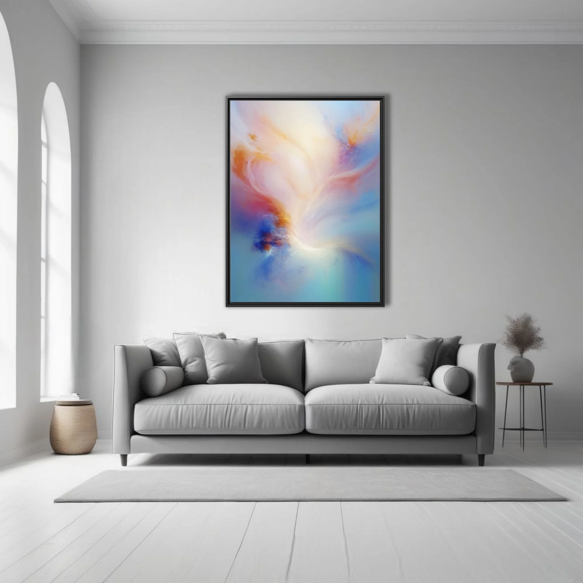 Ethereal abstract artwork in cream, apricot, rose, and soft blue with dreamy swirling forms