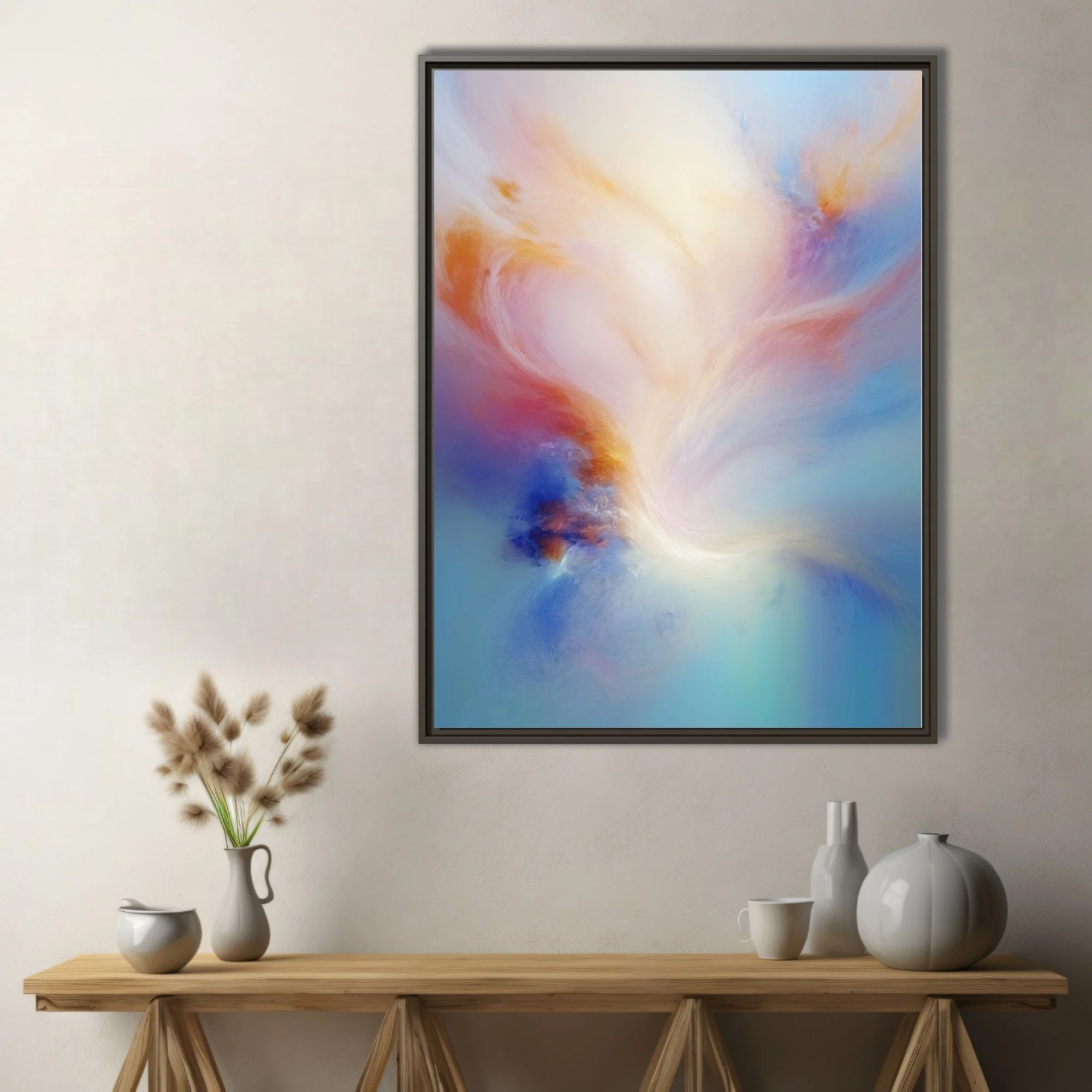 Ethereal abstract artwork in cream, apricot, rose, and soft blue with dreamy swirling forms