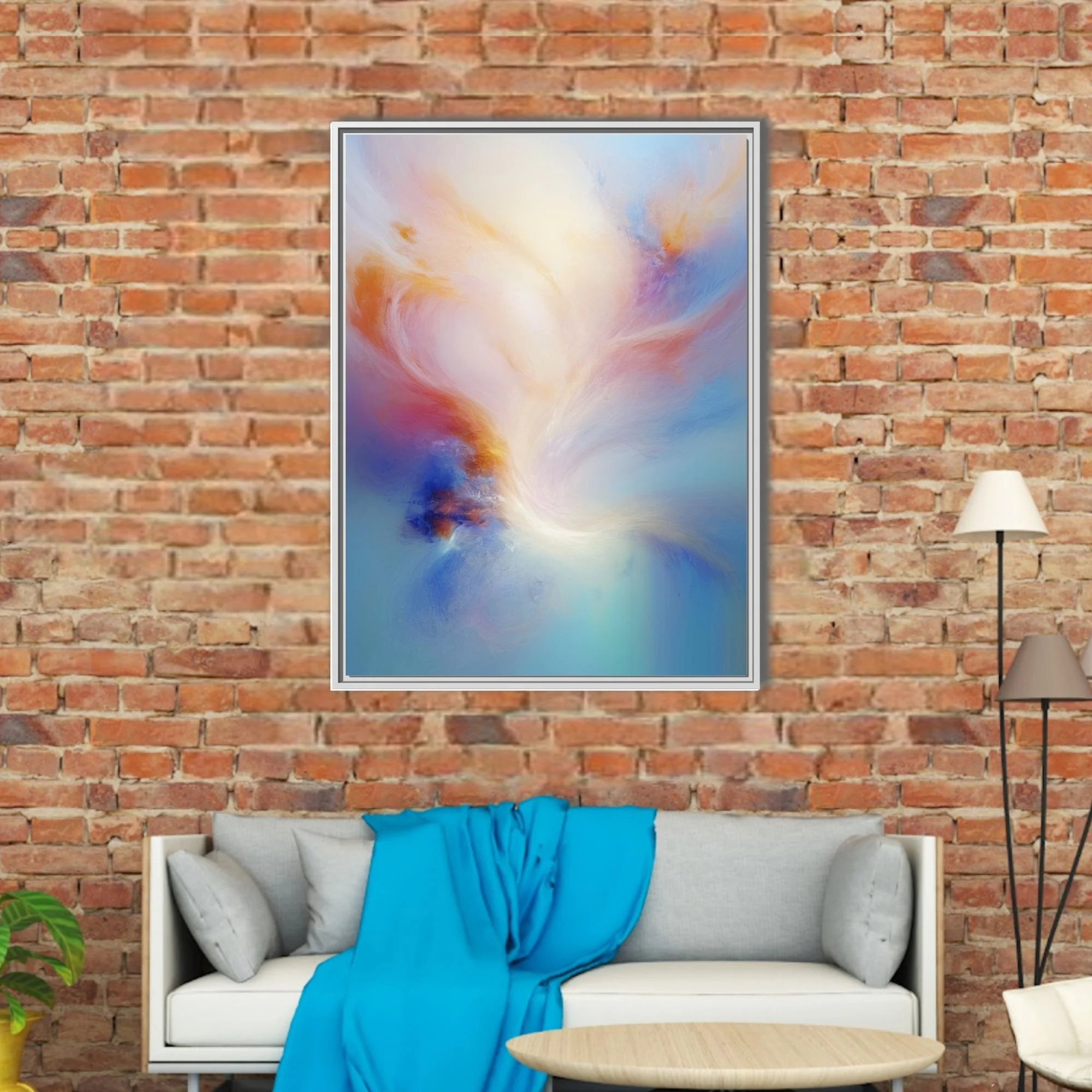 Ethereal abstract artwork in cream, apricot, rose, and soft blue with dreamy swirling forms
