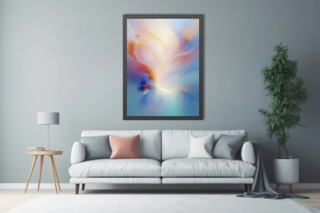 Ethereal abstract artwork in cream, apricot, rose, and soft blue with dreamy swirling forms
