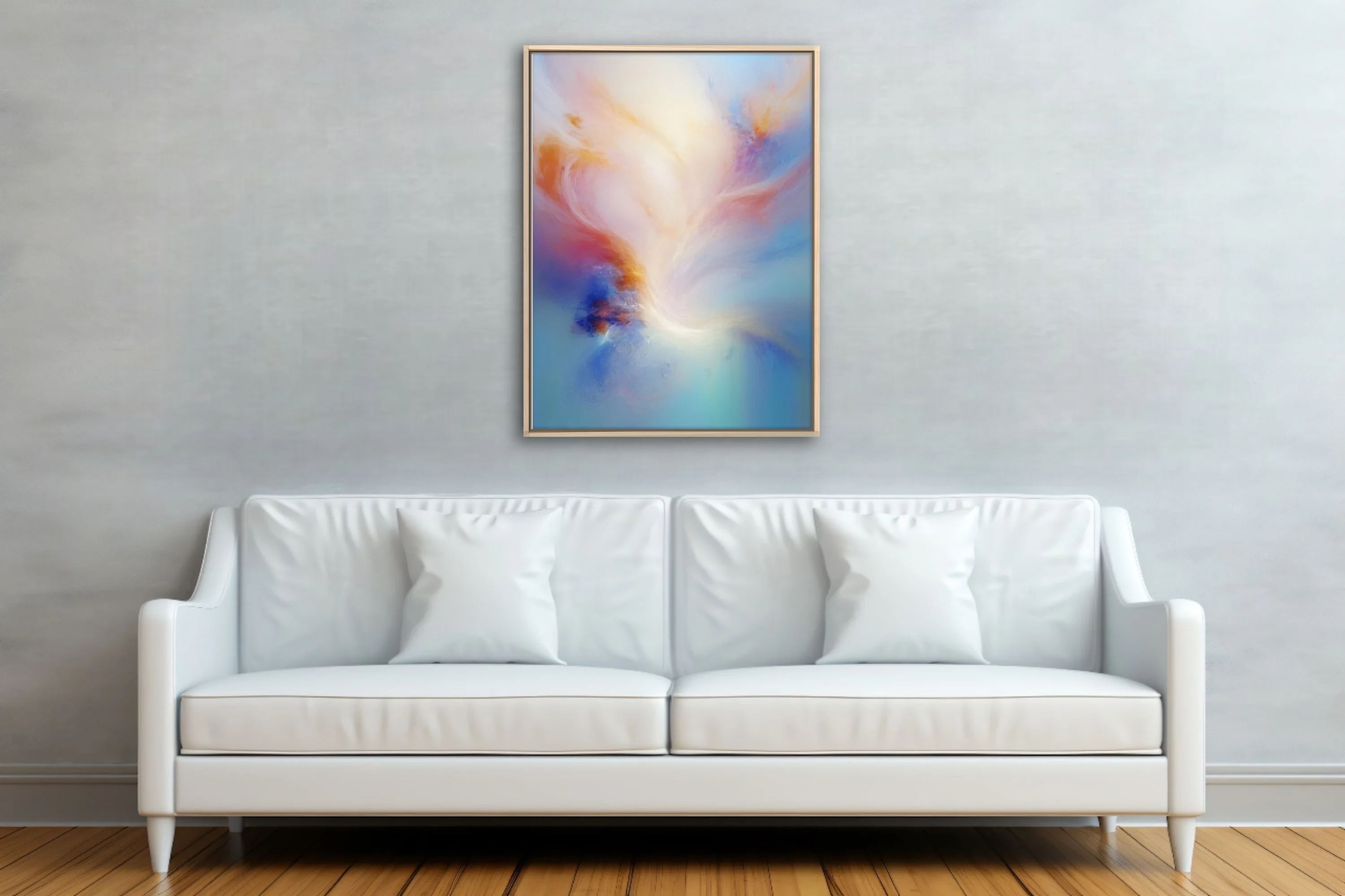 Ethereal abstract artwork in cream, apricot, rose, and soft blue with dreamy swirling forms