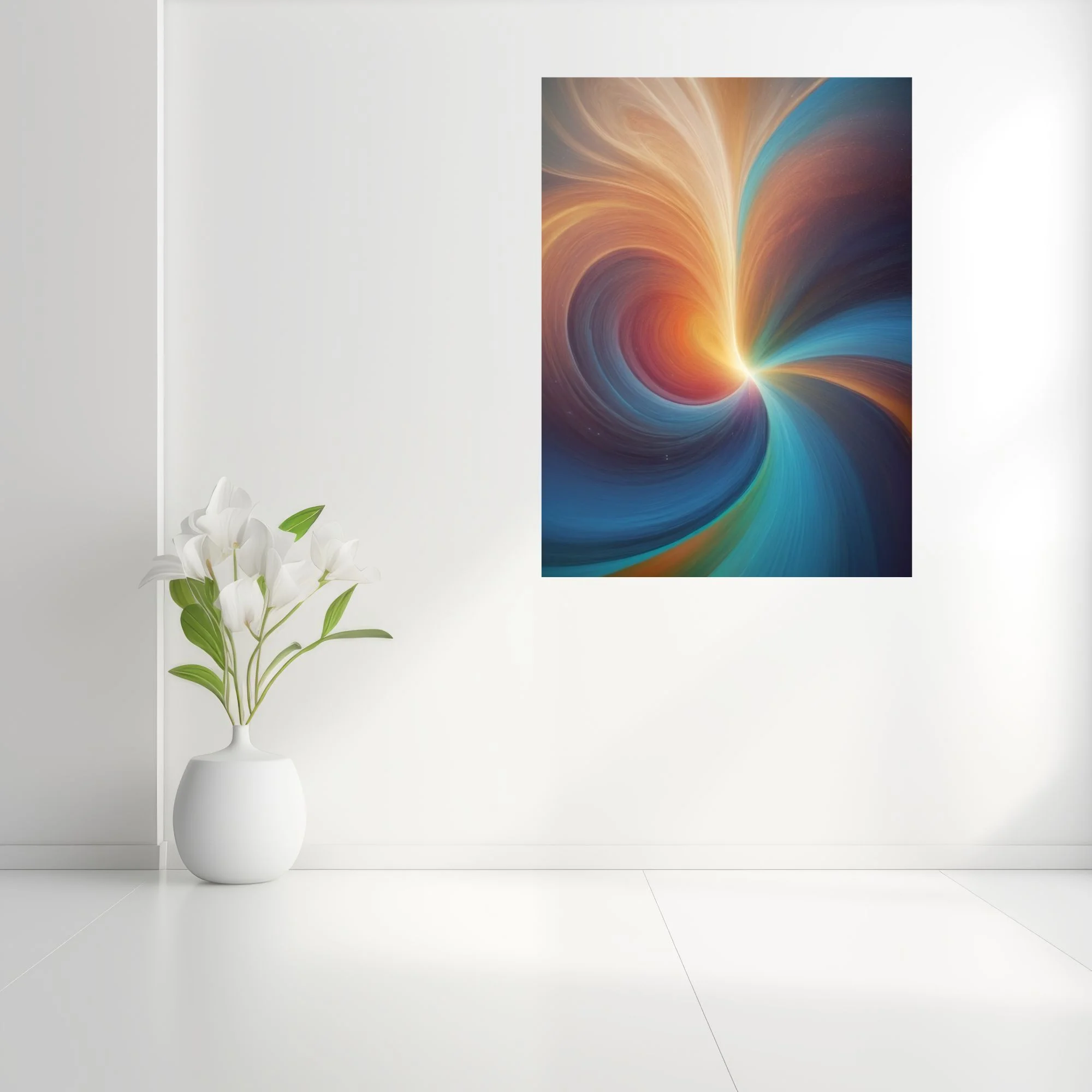 Abstract swirling vortex in warm amber, red, and teal with a glowing luminous core