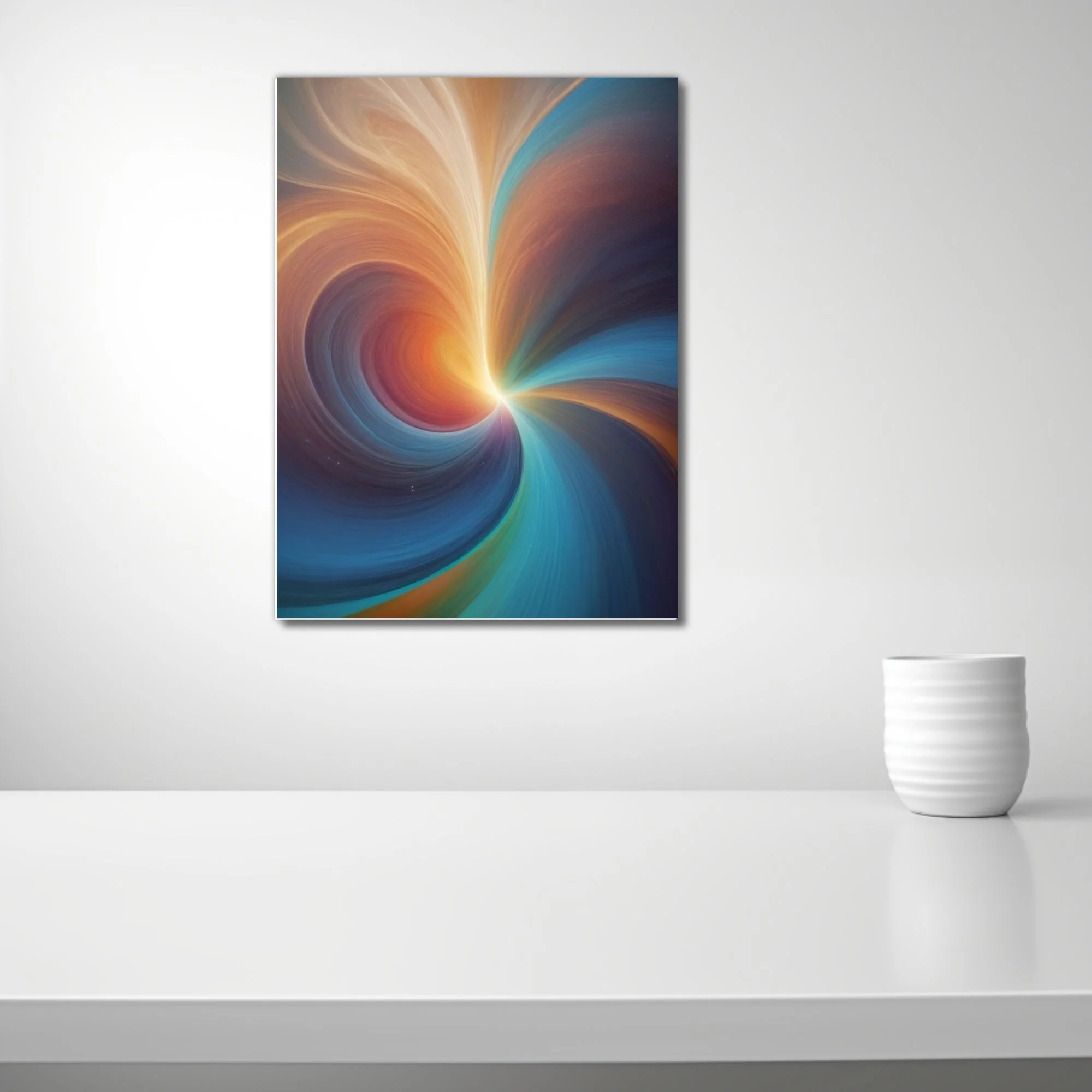 Abstract swirling vortex in warm amber, red, and teal with a glowing luminous core