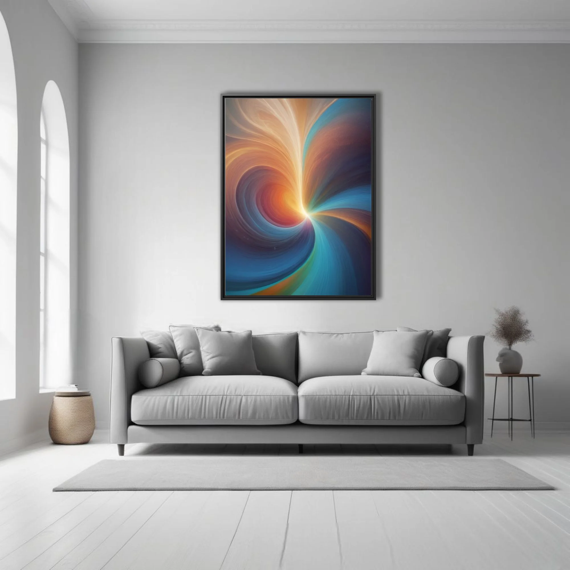 Abstract swirling vortex in warm amber, red, and teal with a glowing luminous core